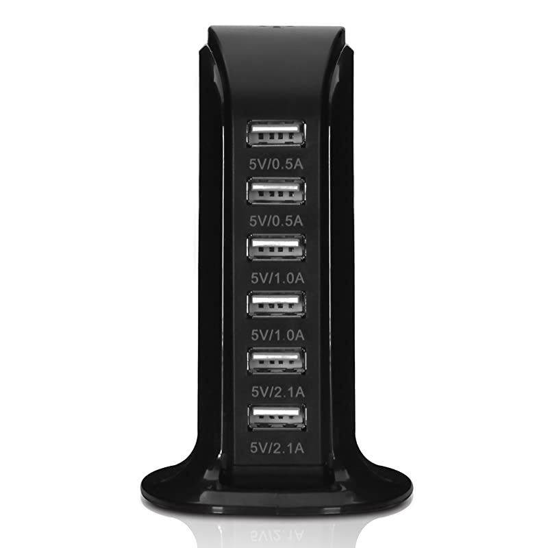 Tower Power Adapter 6Port Smart IC Tech Charging Station with Quick Charge 21 for Phone Tablets and More Black