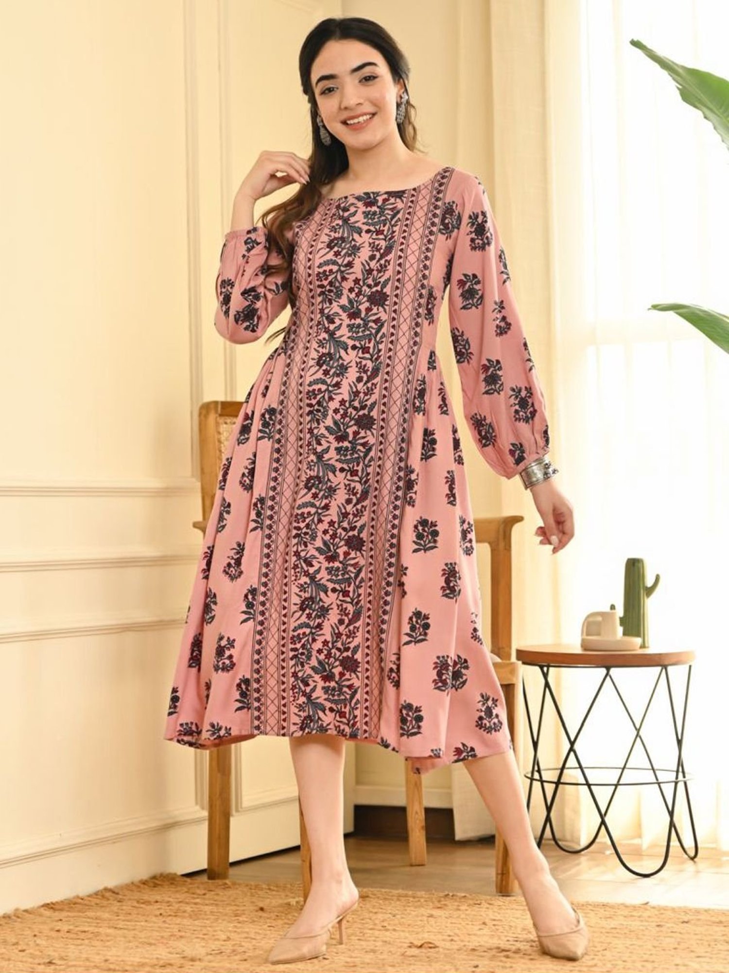 Rustorange Pink Printed A-Line Dress