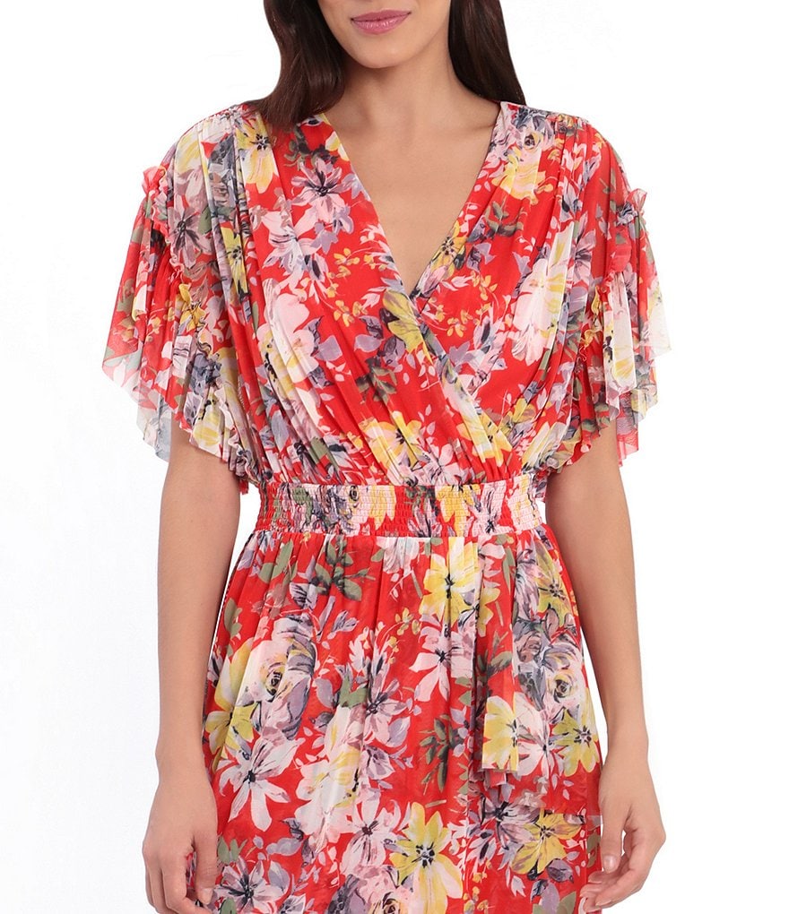 London Times Petite Size Floral Short Sleeve Faux Wrap Hi-Low Dress