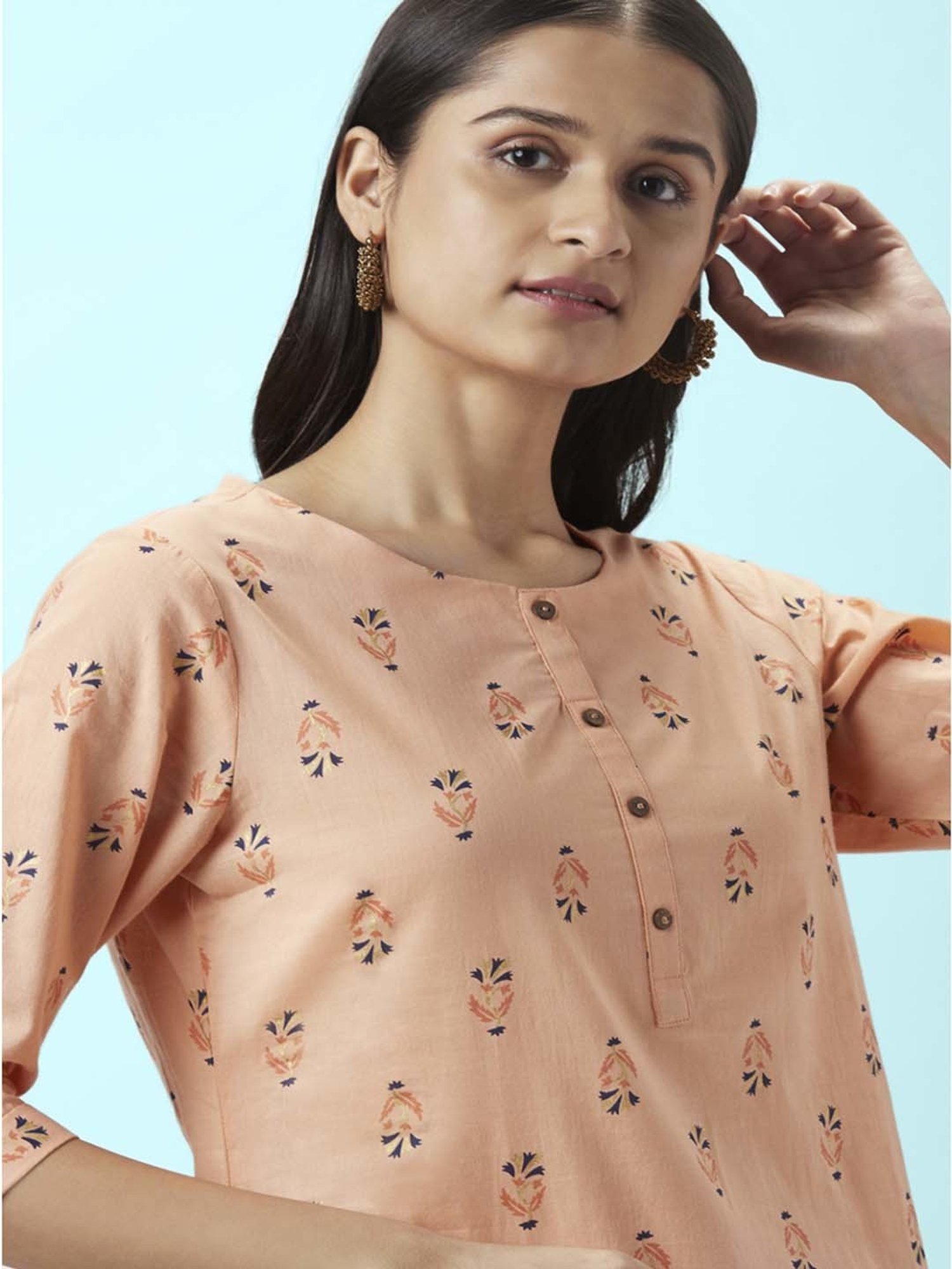 Rangmanch by Pantaloons Peach Cotton Printed Kurta Palazzo Set