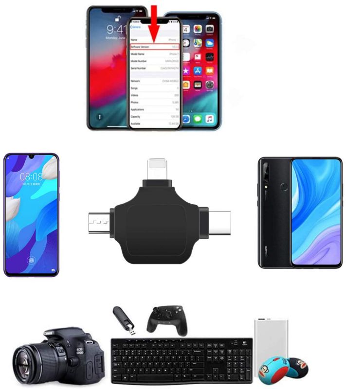 OTG Adapter, Compatible with Android/iPhone/iPad, Lightning/USB Type-C/Micro-USB to USB Camera Adapter for SD TF Card Reader, Keyboard, Mouse, U Disk, USB Flash Drive Silver