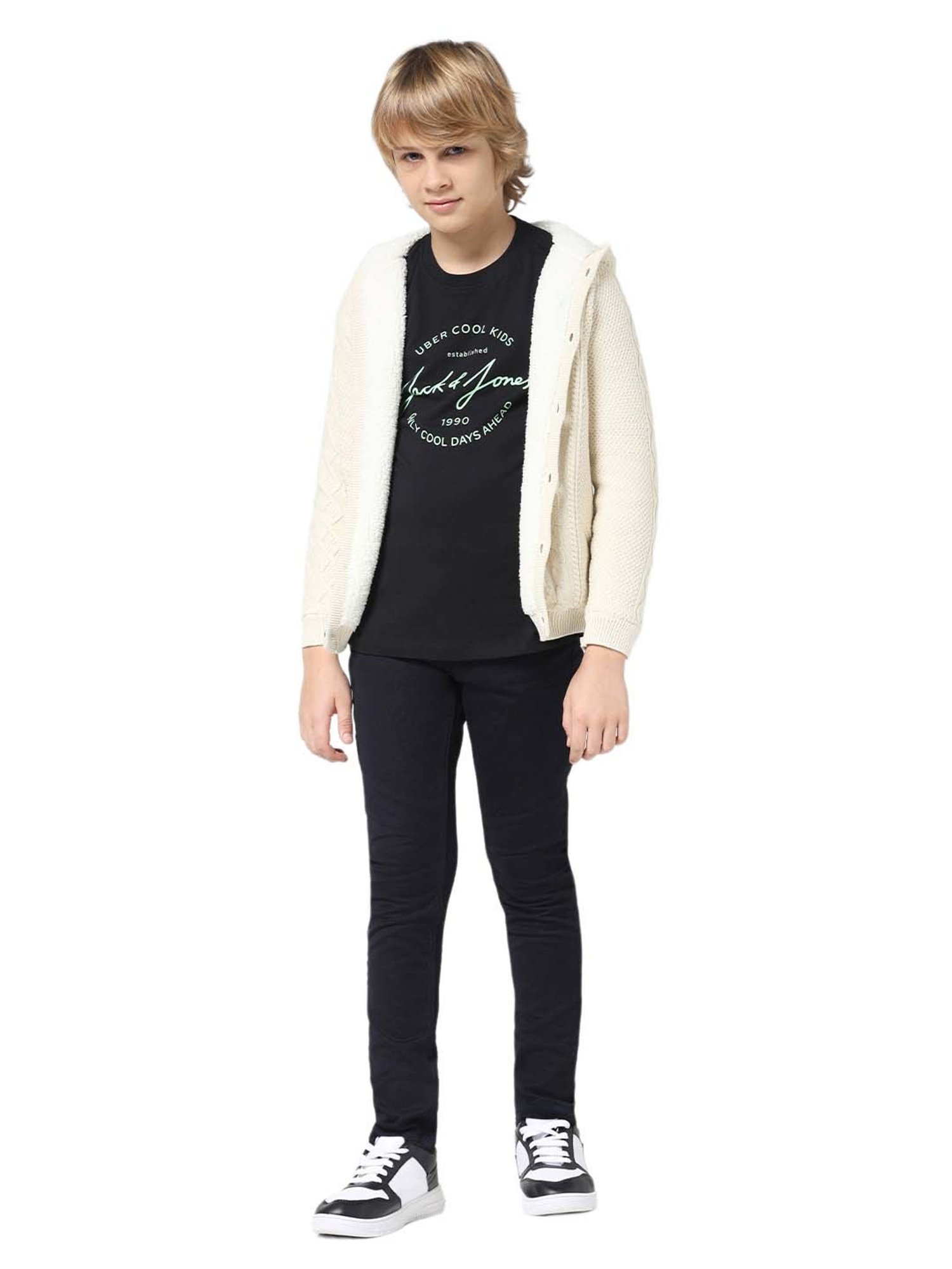 Jack & Jones Junior Beige Cotton Self Pattern Full Sleeves Sweater