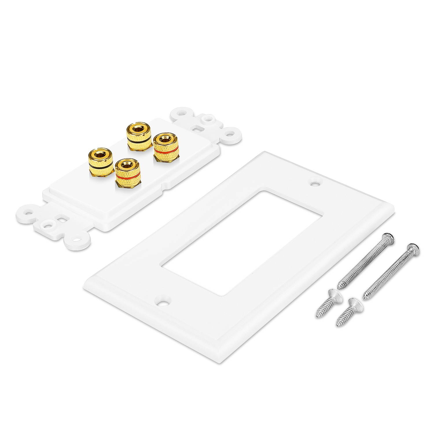 Home Theater Speaker Wall Plate Outlet - 2 Speaker Sound Audio Distribution Panel Gold Plated Copper Banana Plug Binding Post Connector Insert Jack Coupler (2 Pair, Single Gang, White)
