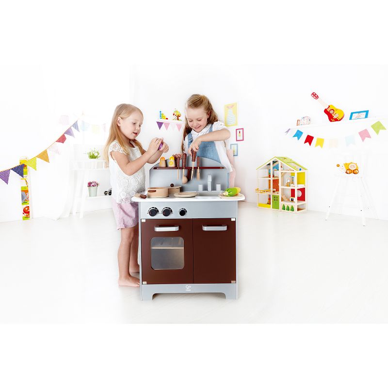 Hape Kids Gourmet Chef Wooden Toy Kitchen Pretend Play with Oven, Sink, Refrigerator, Cooking Pots and Cookware Accessories Set, Espresso Silver