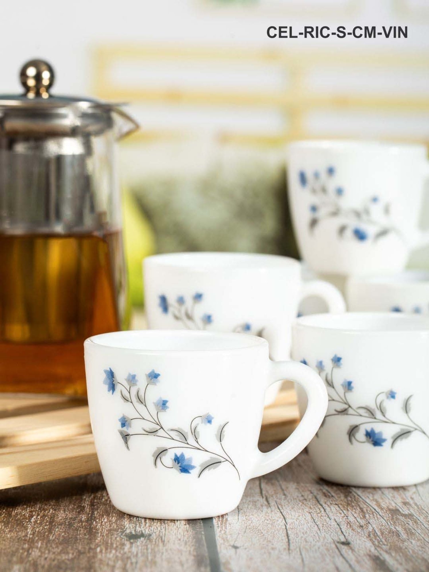 Cello Ricca White & Blue Glass Coffee Mug (0.1 L) - Set of 12