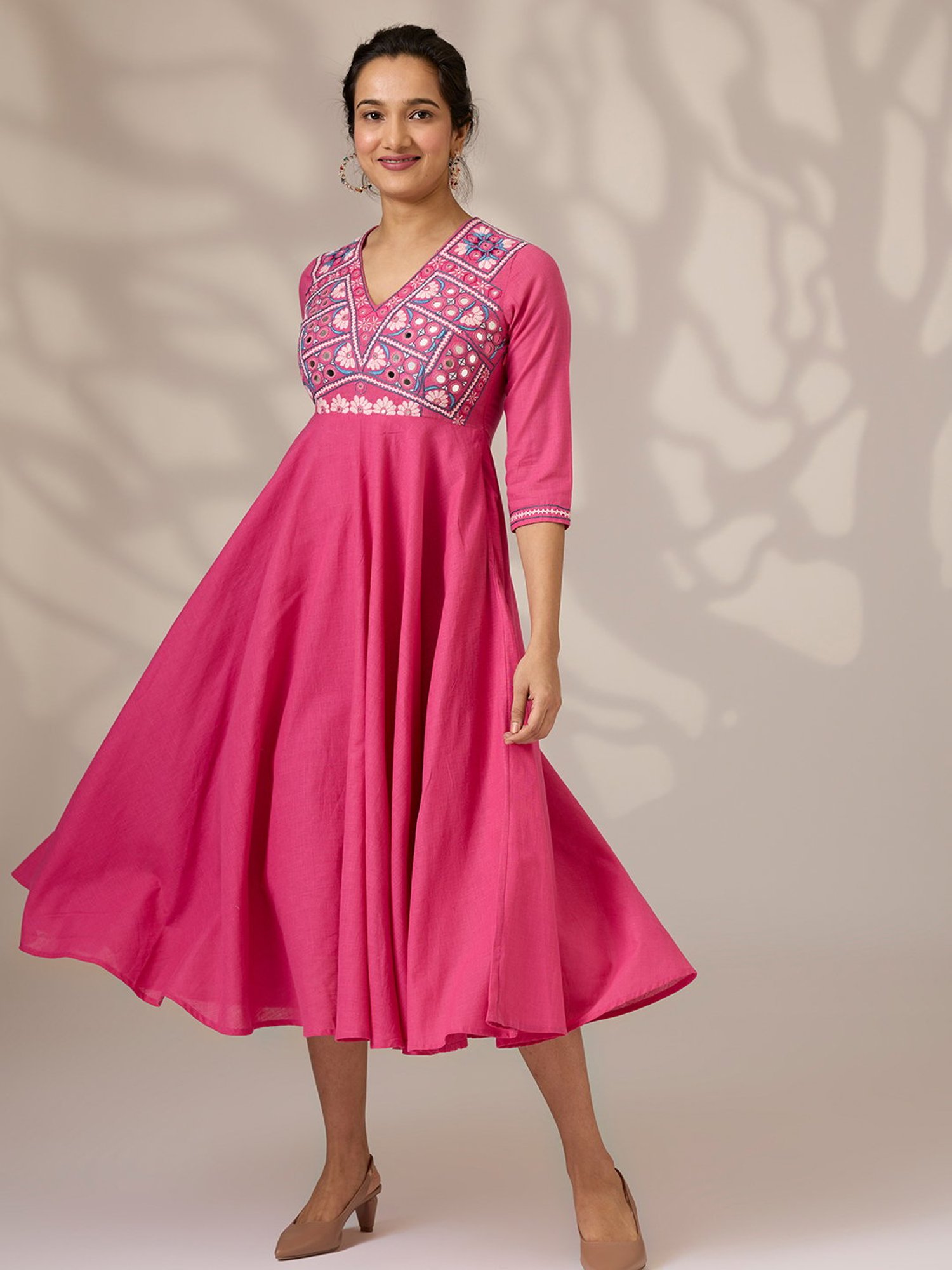 Okhai Pink Cotton Embroidered Ethnic Dress