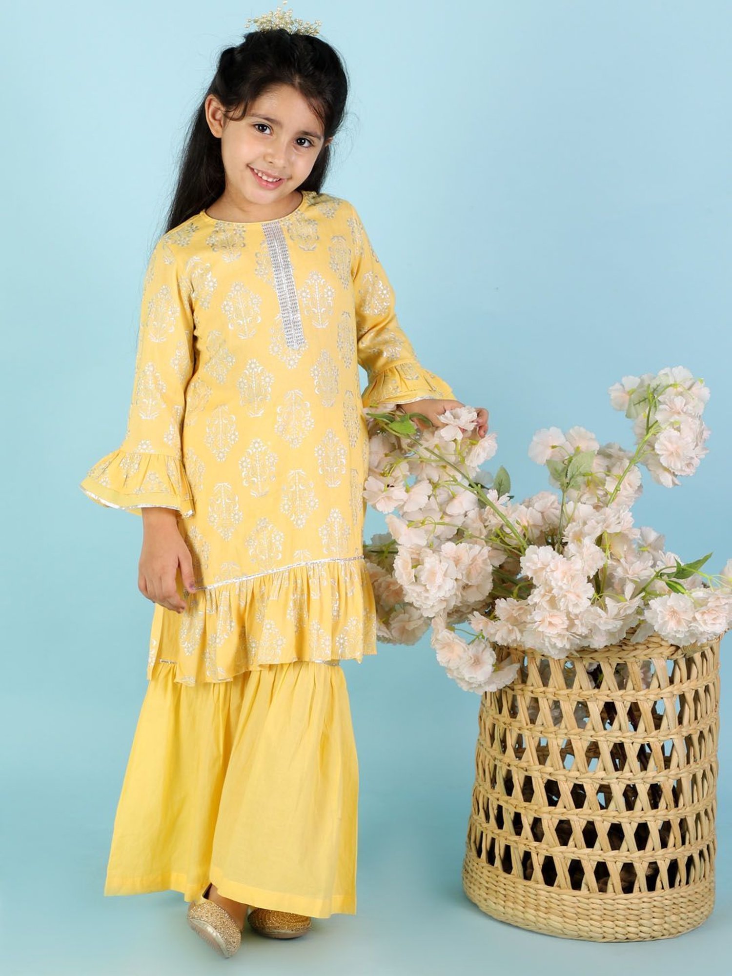 Lil Drama Kids Yellow Floral Print Full Sleeves Kurta with Sharara