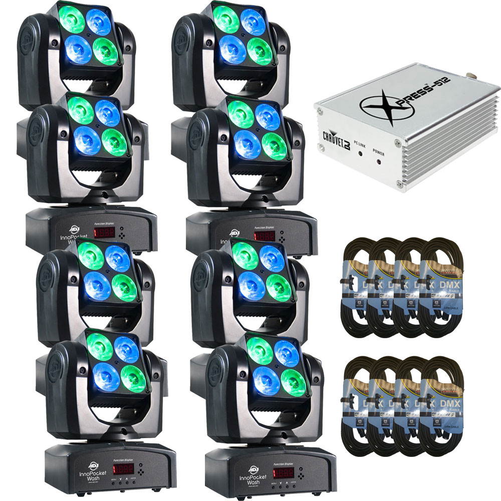 (8) ADJ Products Inno Pocket Wash Mini Moving Head . W/  Chauvet Xpress 512 and 8 DMX Cables.