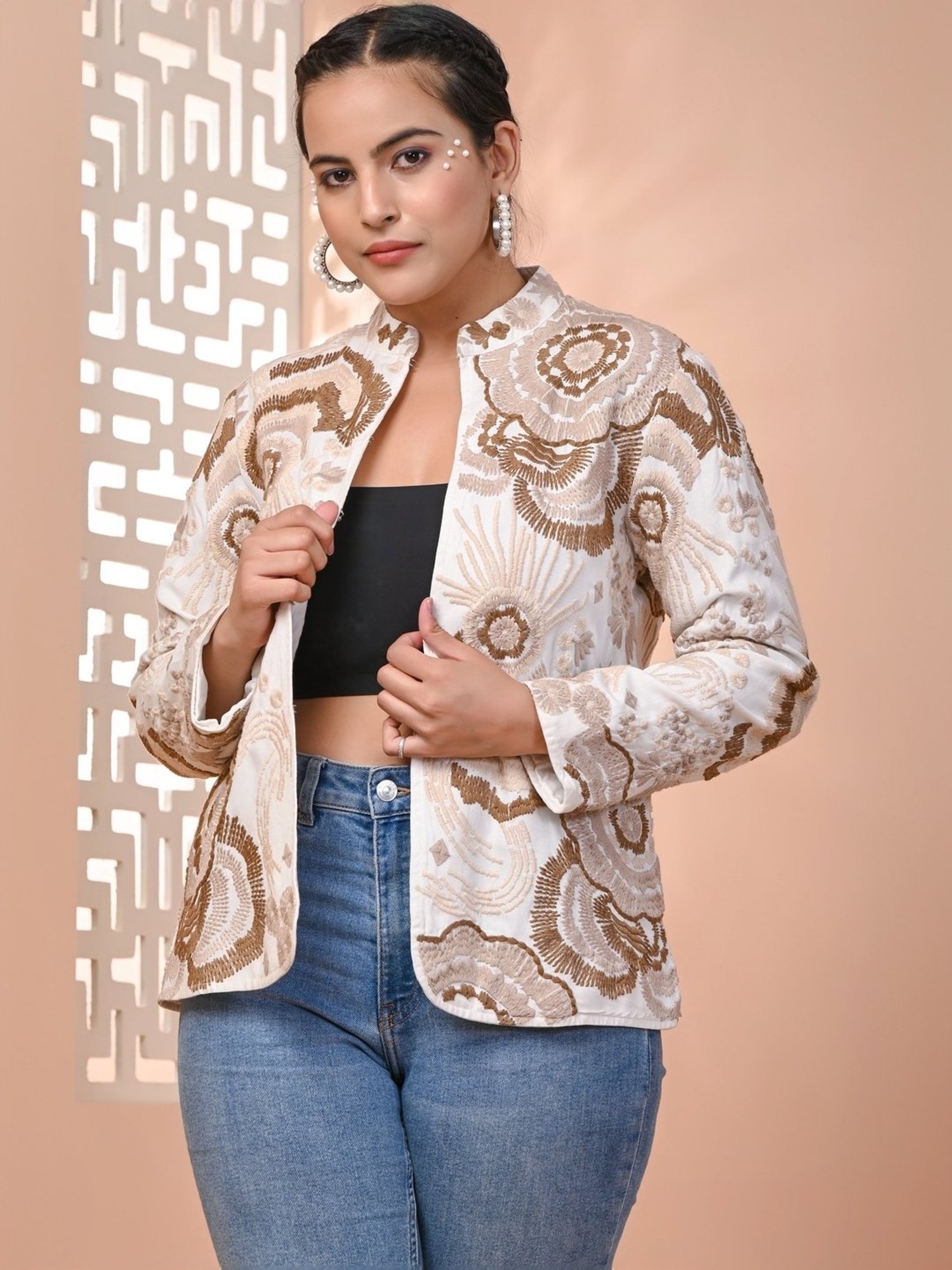 Zolo Label Off-White Cotton Embroidered Jacket