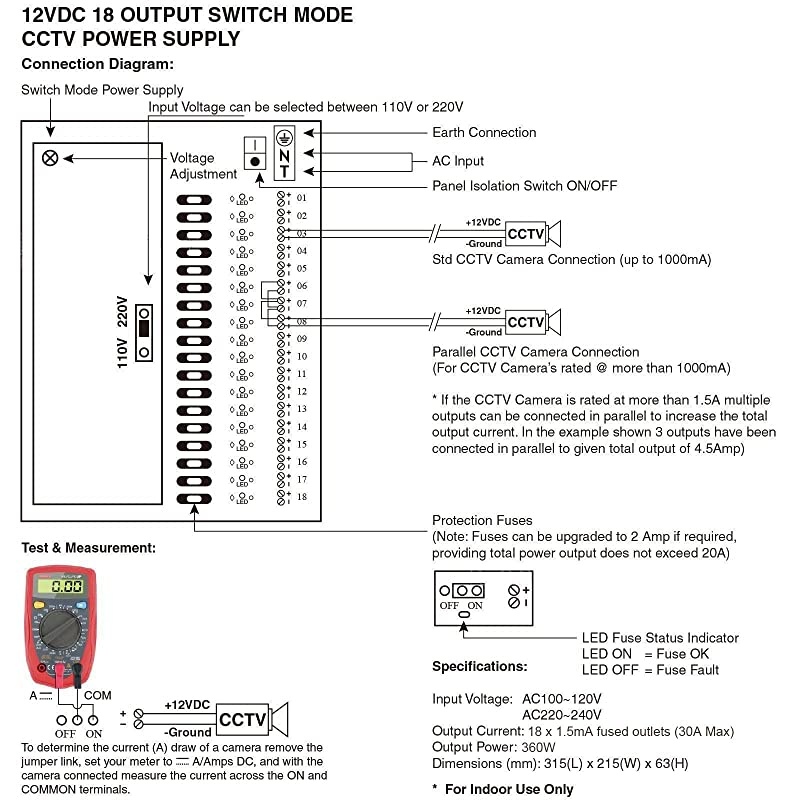 18 Channel Power Supply Switch Box CCTV Camera Distribution DC12V 30A Output