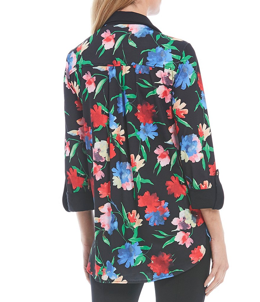 Calessa Petite Size Matte Jersey Knit Button Front Roll Tab Blouse