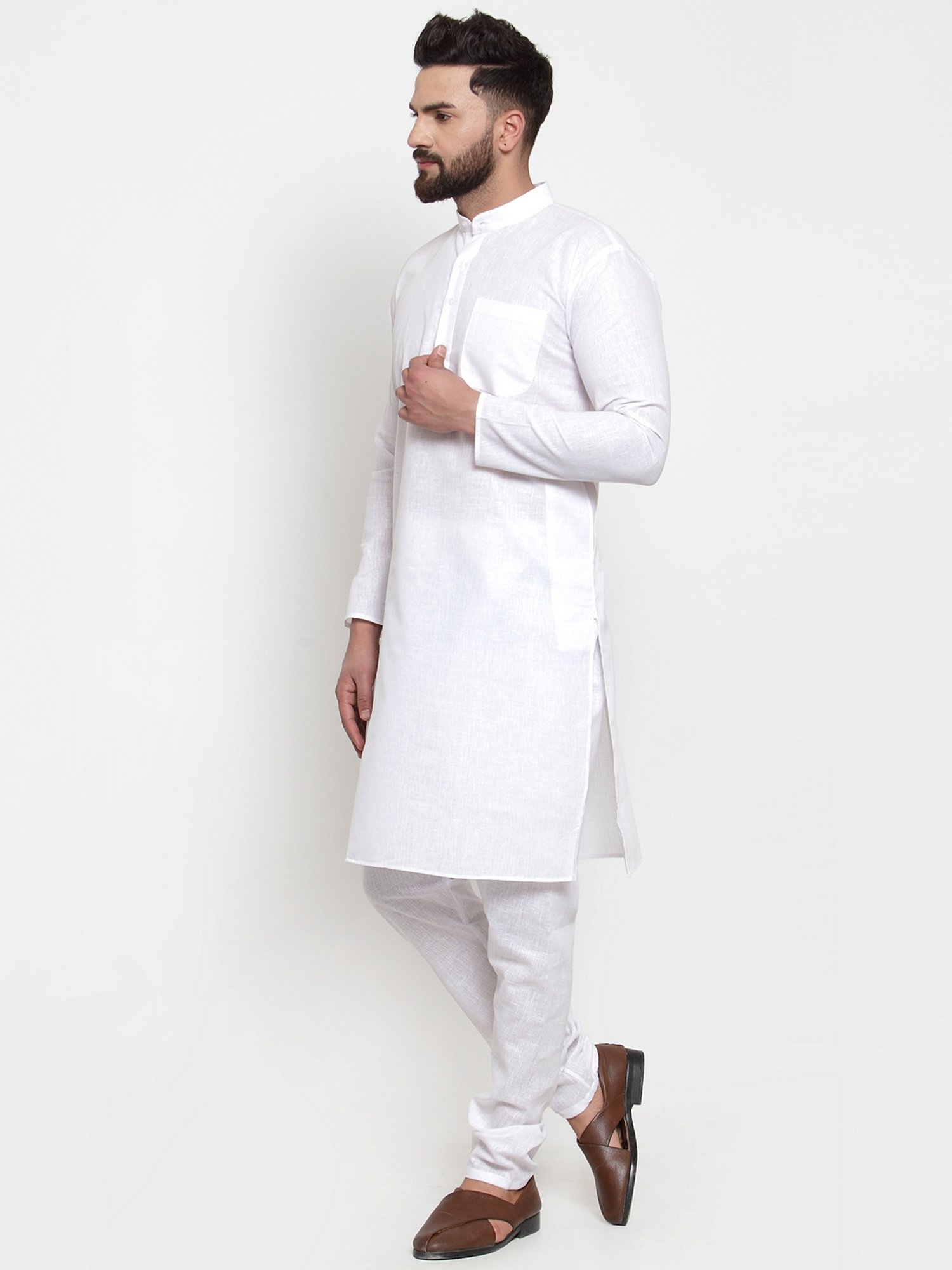 Jompers White Cotton Regular Fit Self Pattern Kurta