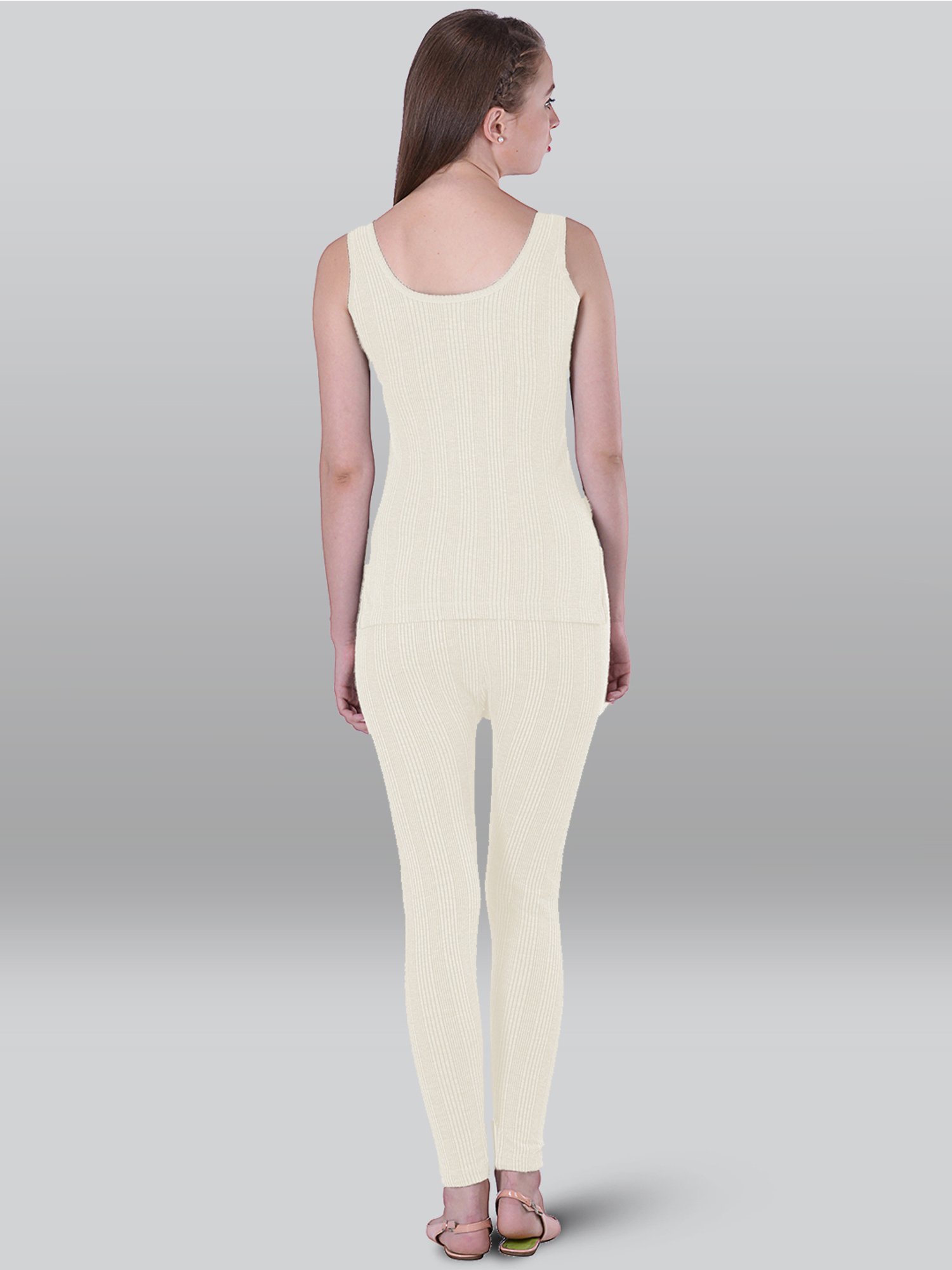 LUX Inferno Off-White Striped Thermal Tank Top Leggings Set - Pack Of 2