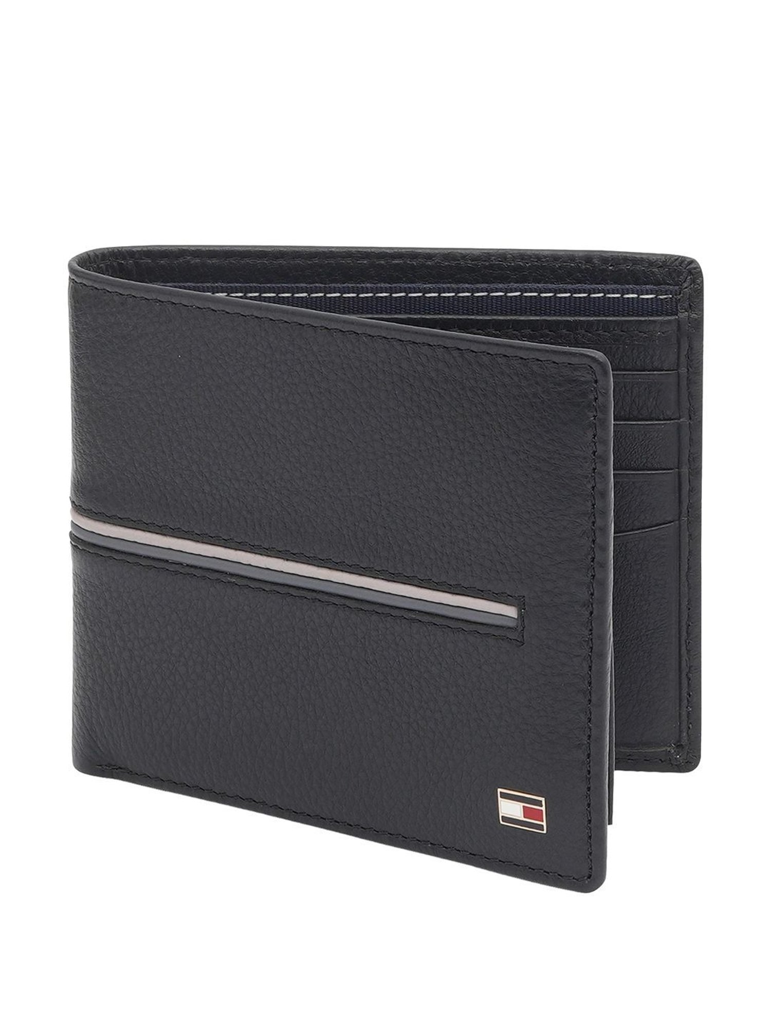 TOMMY HILFIGER Glasgow Black Leather Striped Bi-Fold Wallet for Men