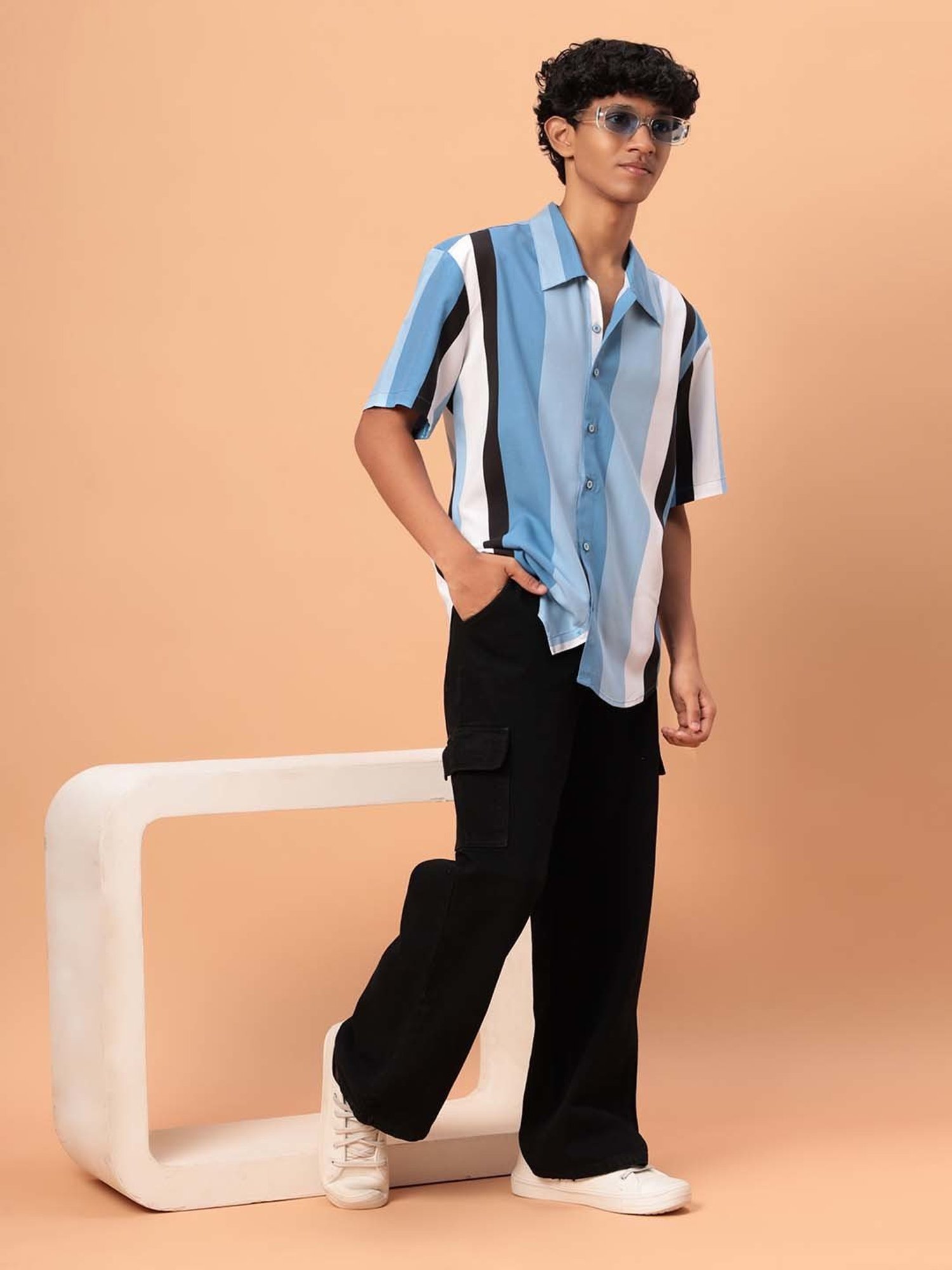 TeenTrums Kids Blue & White Cotton Striped Shirt