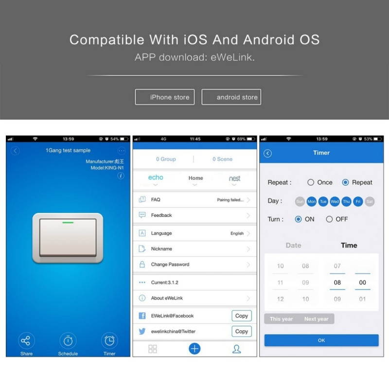 US 2 GANG Smart Light Switch WiFi In-Wall Remote Alexa Google Smart Life app WiFi Smart Touch Light Switch