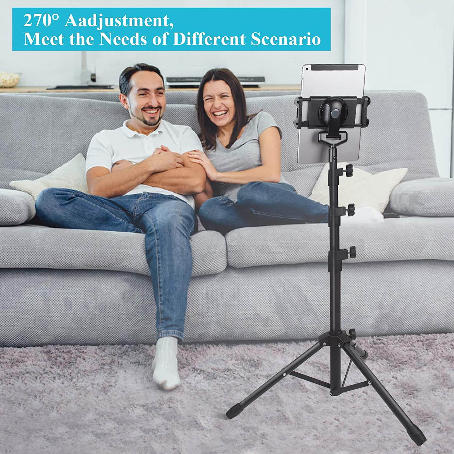 Phone iPad Tripod Stand, Upgrade Style Portable Floor Tablet Holder Mount Height Adjustable 20" to 60" for All 4.7-12.9" Phone and Tablets, Coming with iPhone Desktop Stand