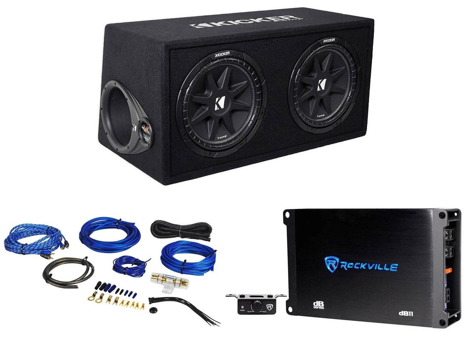 43DC122 Comp Dual 12" Subwoofers+Vented Box+Mono Amplifier+Amp Wire Kit