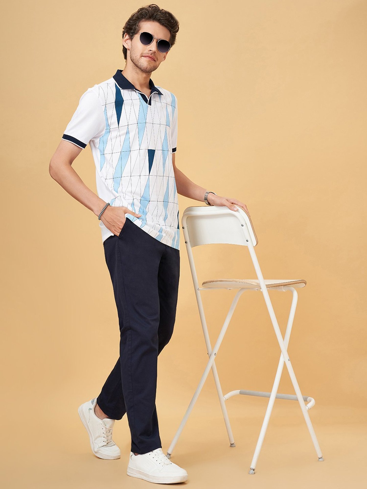 Byford By Pantaloons White Cotton Slim Fit Printed Polo T-Shirt