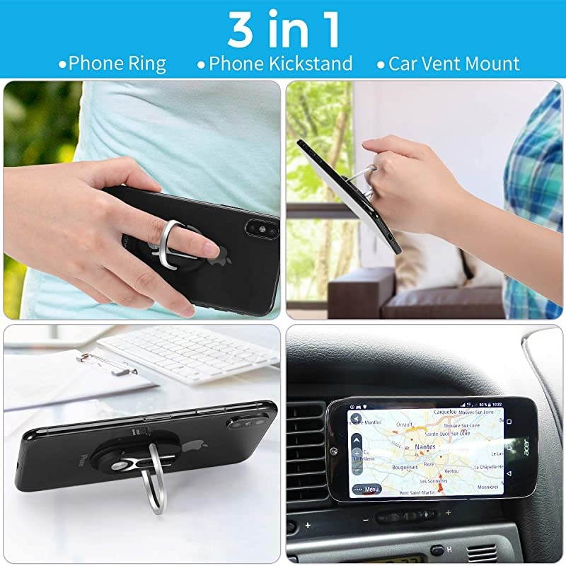 Cell Phone Ring Holder Stand 3 in 1 Universal Air Vent Car Phone Mount and Finger Grip Ring Kickstand 360&deg;Rotation amp 90&deg;Flip Black