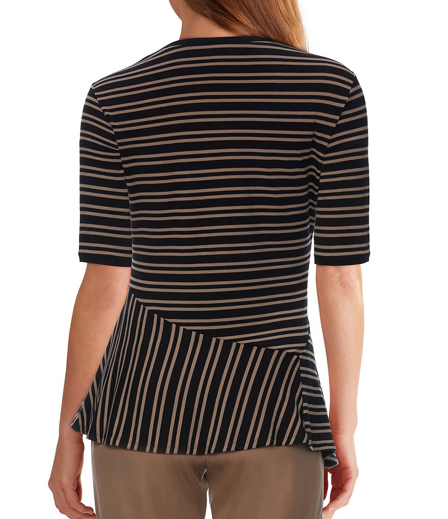 Ruby Rd. Safari Stripe Print Contrast Scoop Neck Elbow Sleeve Asymmetrical Hem Top