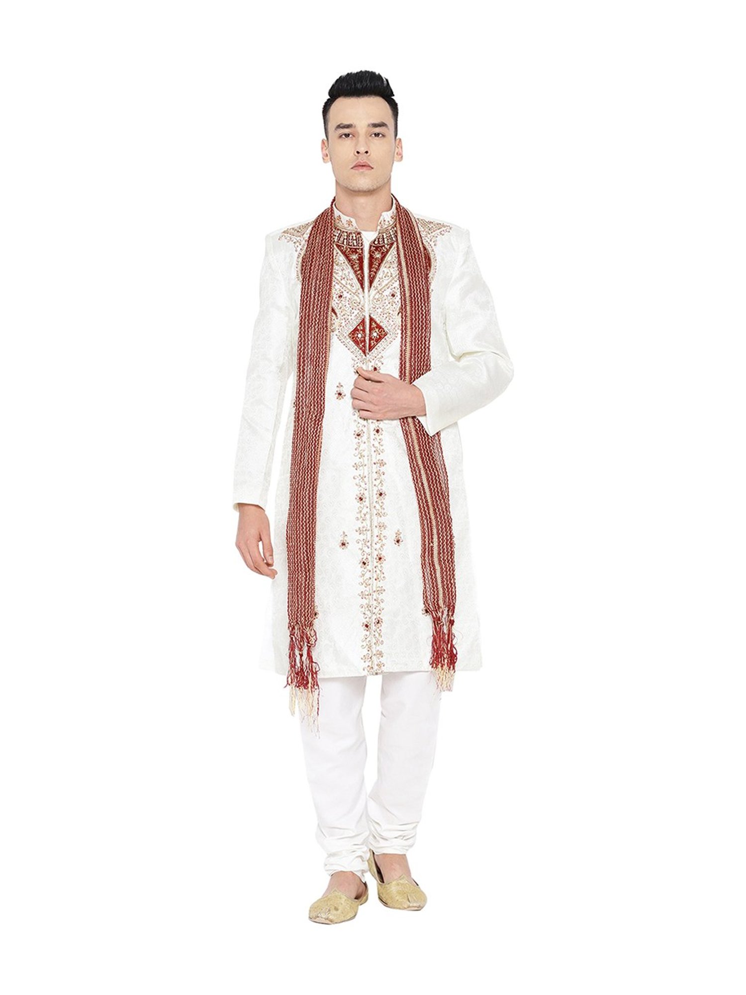SG LEMAN White Embroidered Regular Fit Sherwani Set