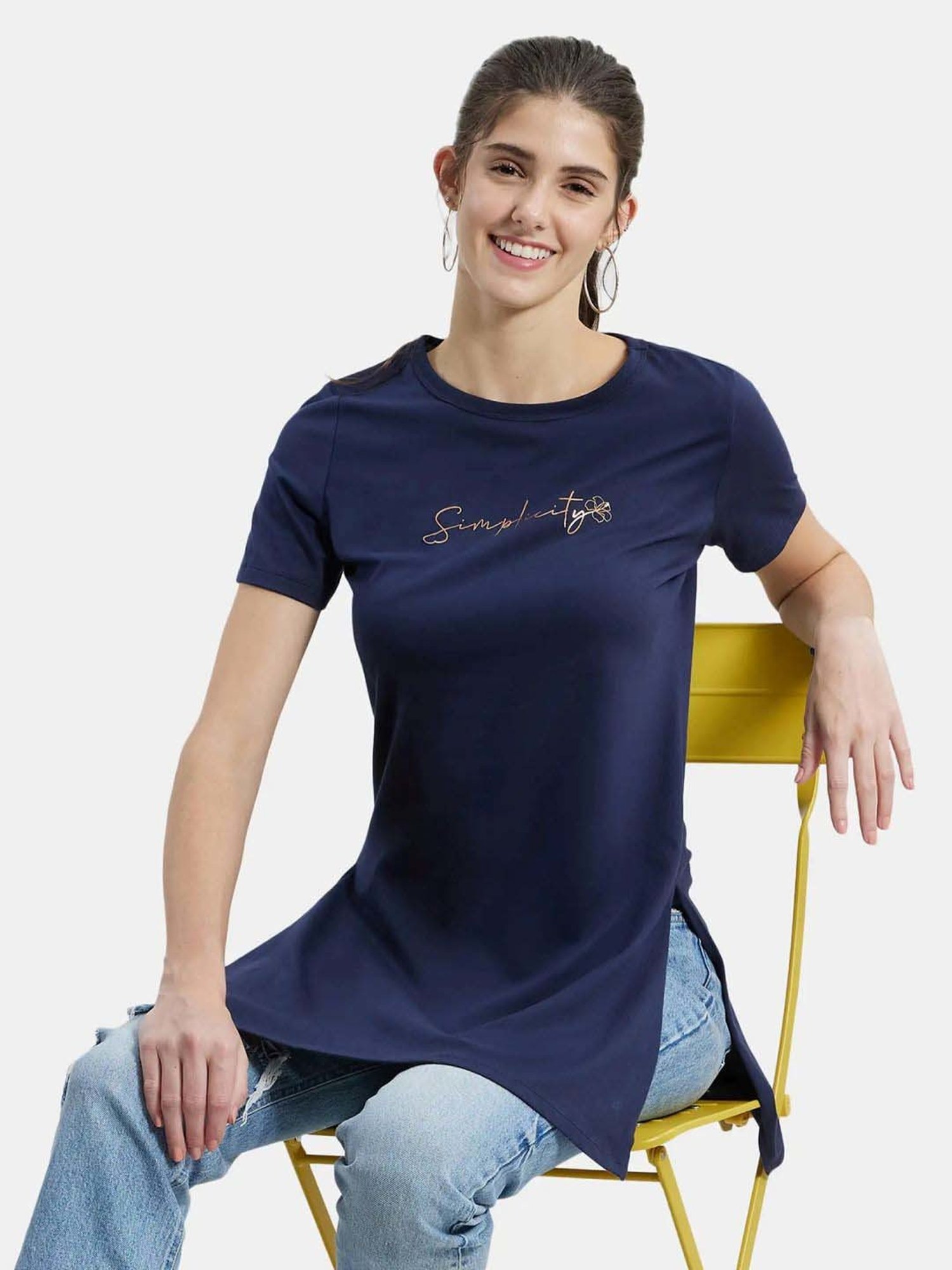 Jockey A142 Women's Super Combed Cotton Printed Relaxed Fit Long length T-Shirt (Prints May Vary)