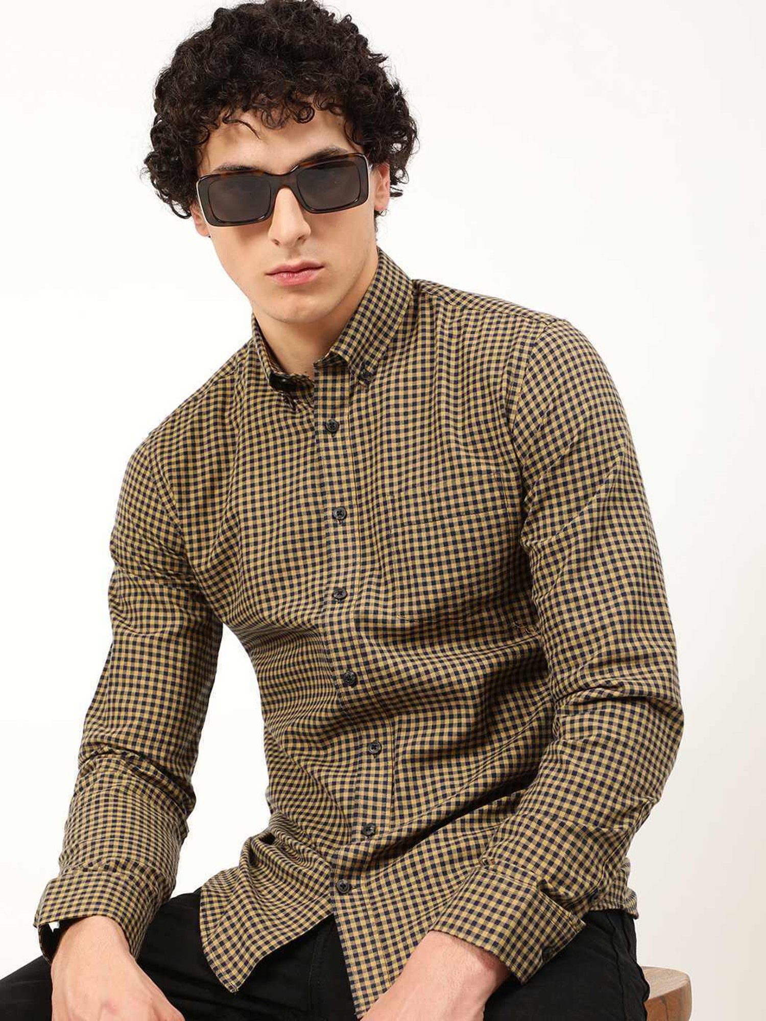 Lindbergh Mid Brown Cotton Slim Fit Checks Shirt