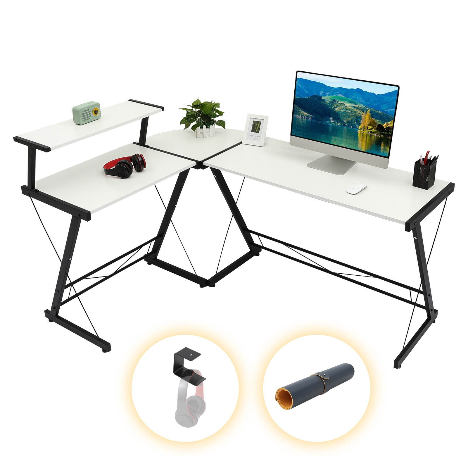 Gome L-Shaped Computer Desk - 61" Corner Desk for Space Saving, Modern Home Office Writing Desk for Work, Study and Gaming, Ergonomic Wood Desk with Monitor Stand, Desk Pad and Hanging Hook