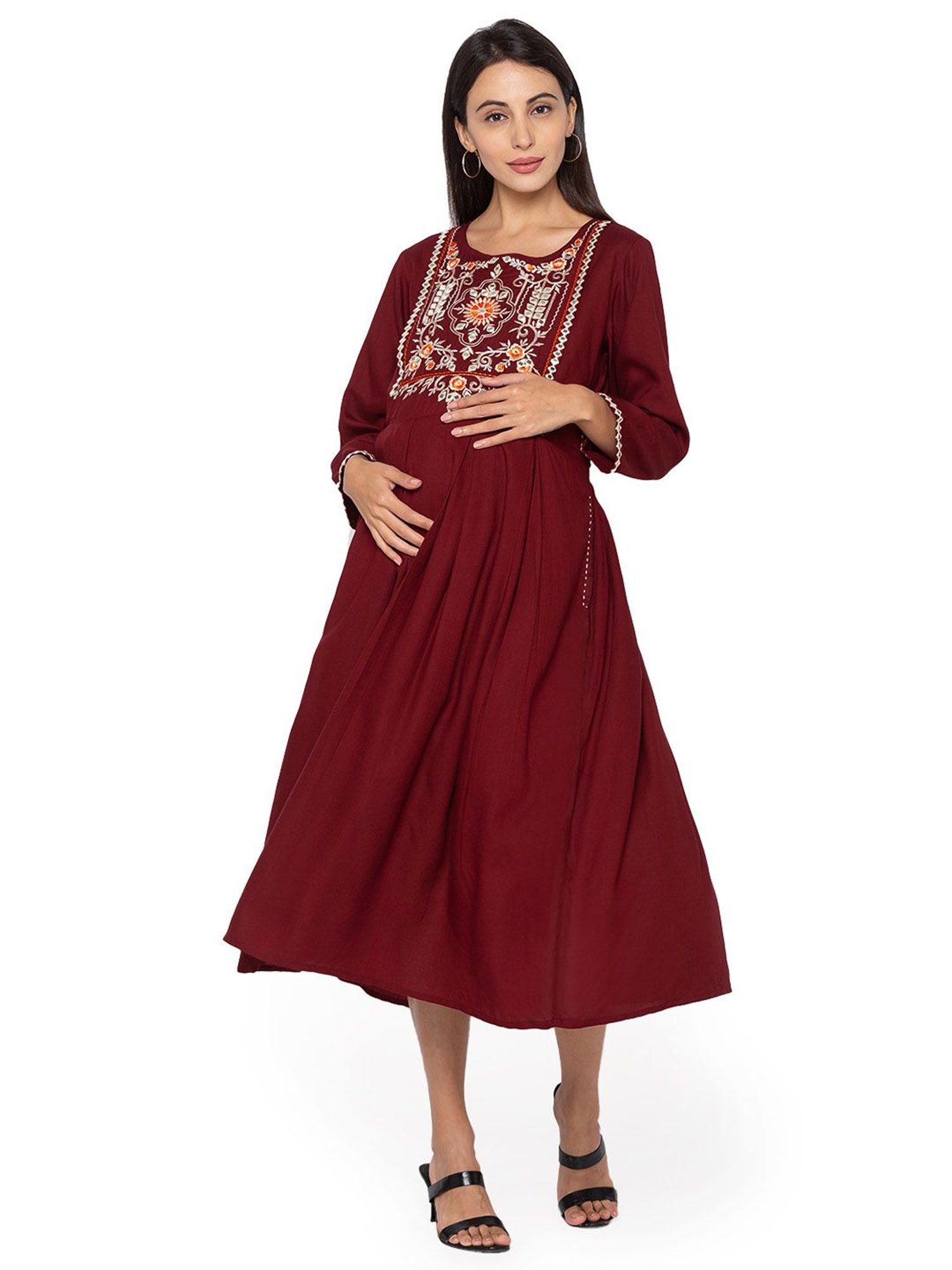 MomToBe Maroon Embroidered Maternity Dress