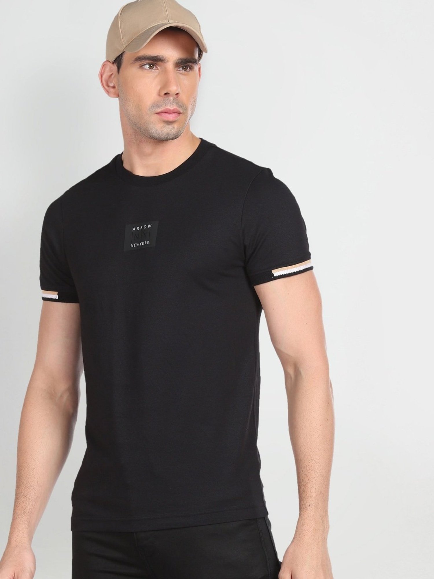 Arrow New York Black Cotton Regular Fit Printed T-Shirt
