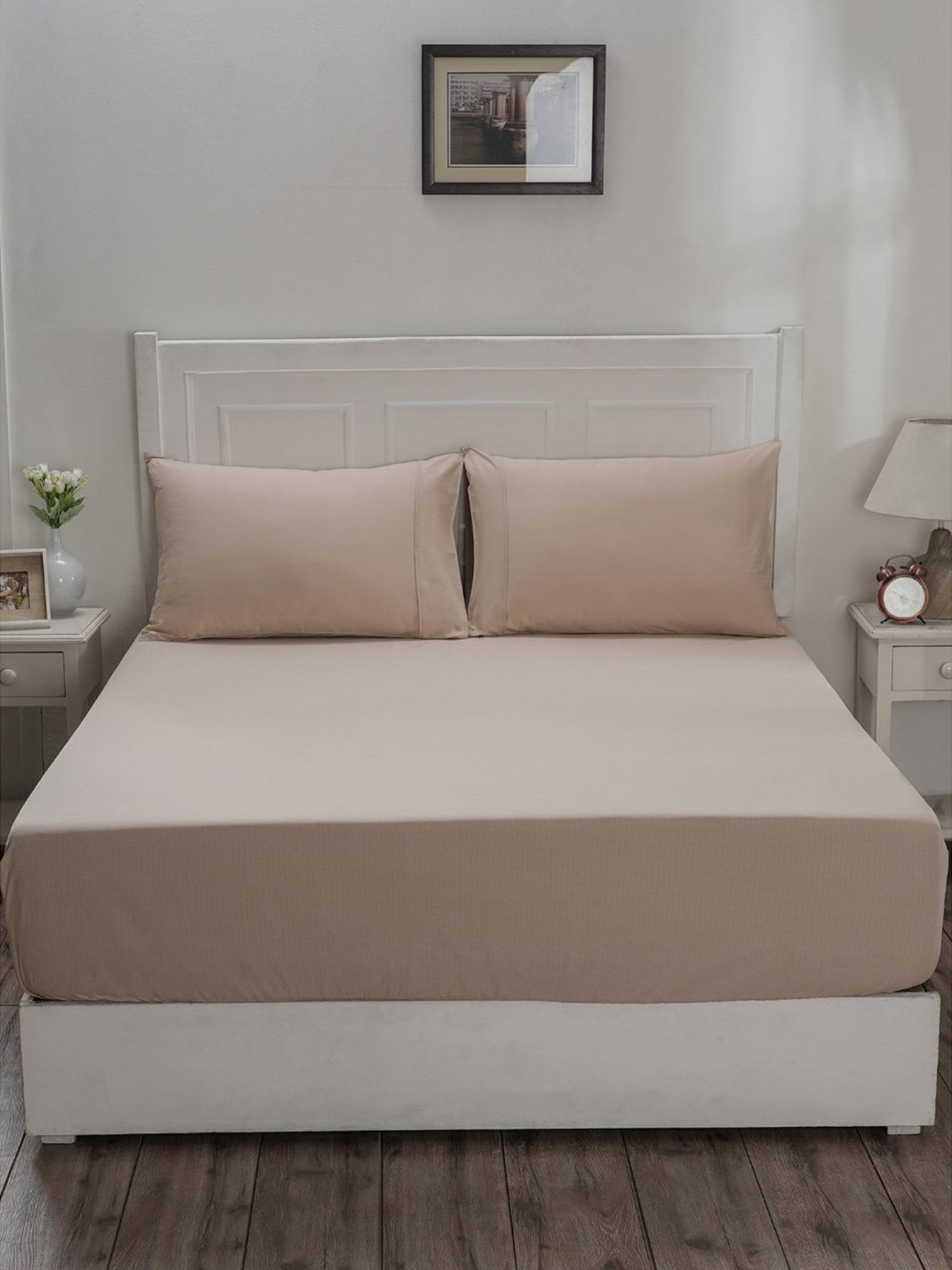 Maspar Colorart Eden Sand Beige 144 TC Cotton Single Fitted Bed Sheet With 1 Pillow Cover