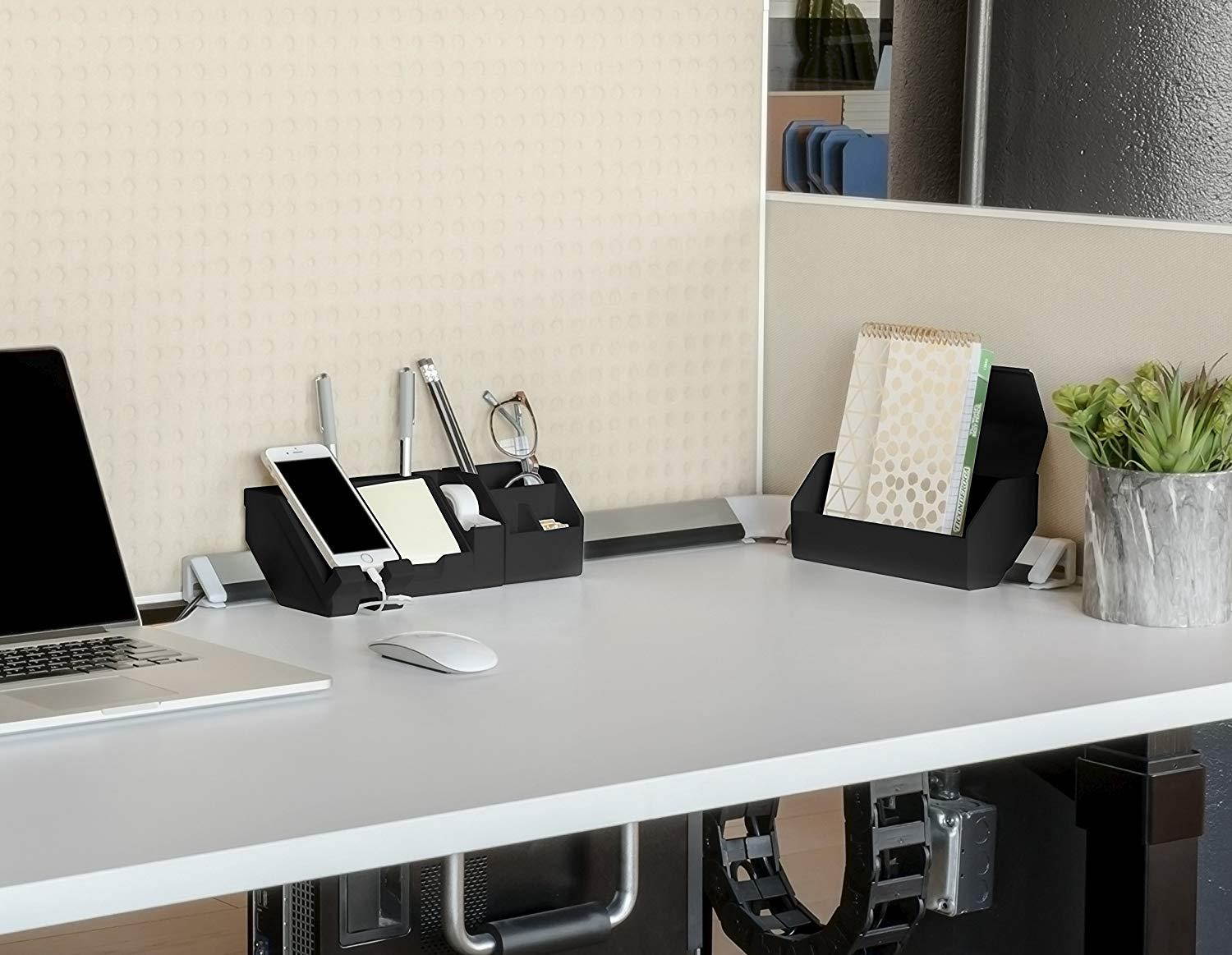 Bostitch Konnect 9-Piece Desktop Organizer Kit, Includes Cable Management Rails, Charging Phone Dock, Tape Dispenser, Sticky Notes, Storage Bins, Black (KT-CKIT2-BLK)