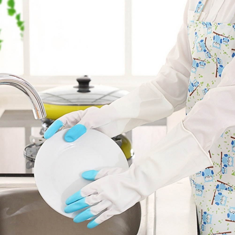 3 Pair Kitchen Rubber Cleaning Gloves Reusable Household Anti-skid Waterproof Oilproof Dishwashing Latex Gloves Size  (Sky-blue)