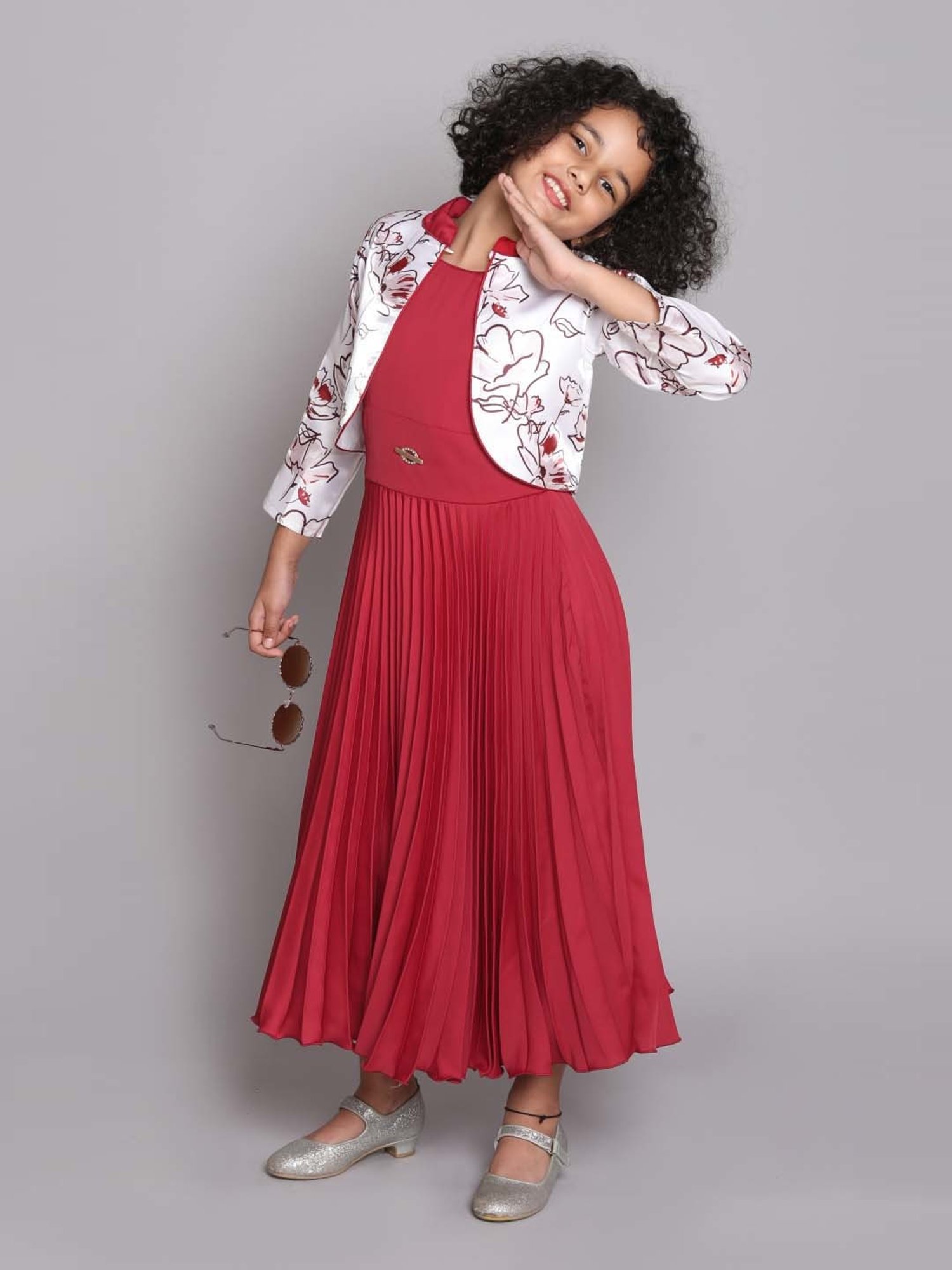 The Magic Wand Kids Red & White Floral Print Gown Set