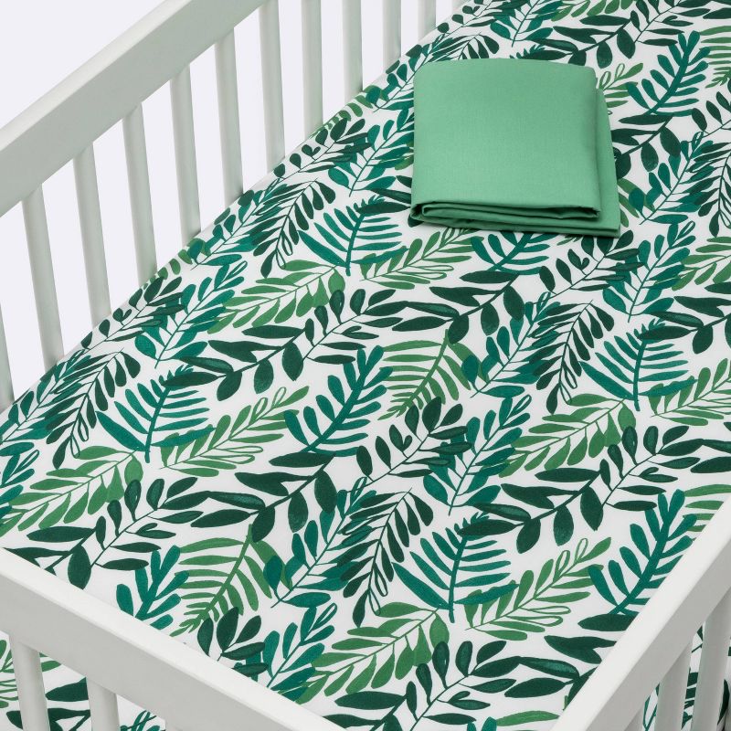 Crib Fitted Sheets Ferms and Solid Green - Cloud Island™ Green 2pk