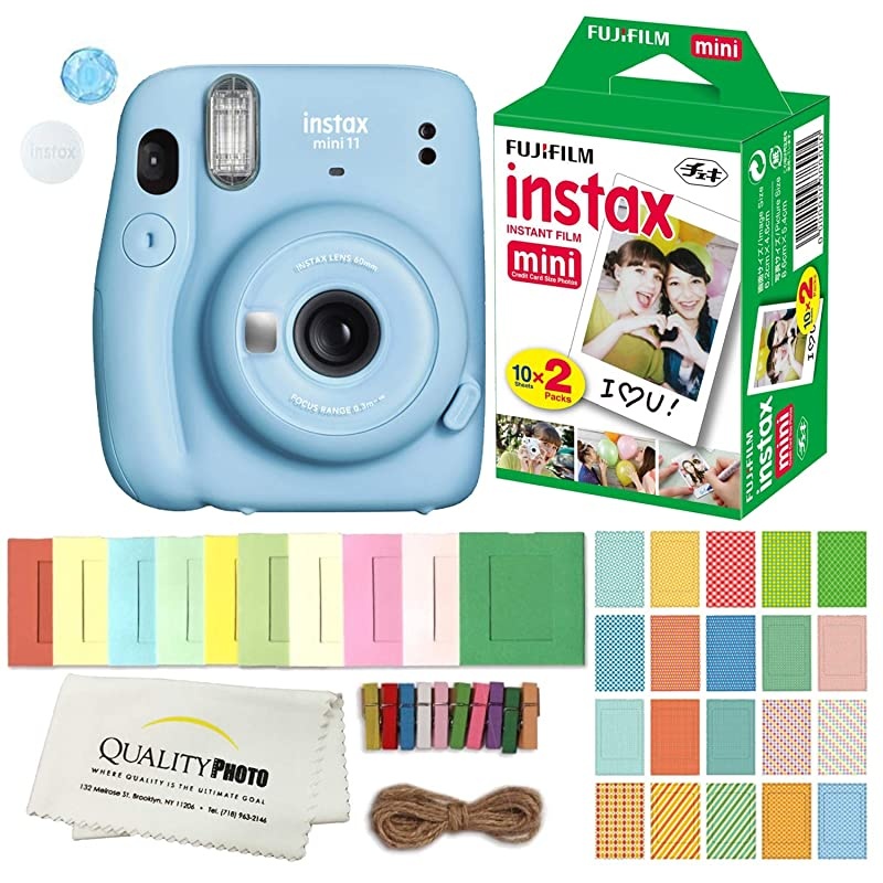 INSTAX Mini 11 Instant Film Camera Plus Instax Film and Accessories Stickers Hanging Frames and Microfiber Cloth Sky Blue
