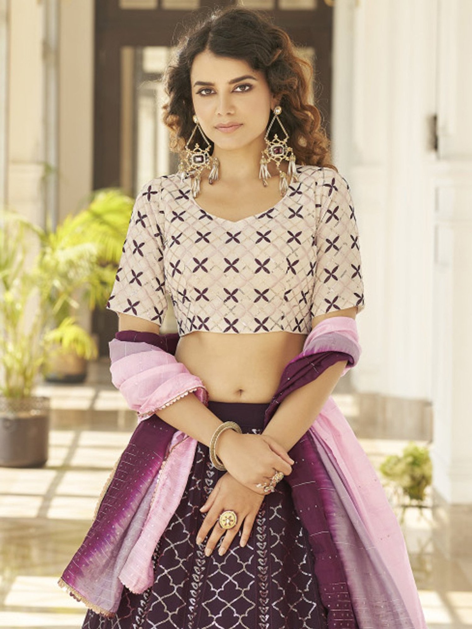 SHUBHKALA Purple & Cream Embellished Lehenga and Choli Set With Dupatta