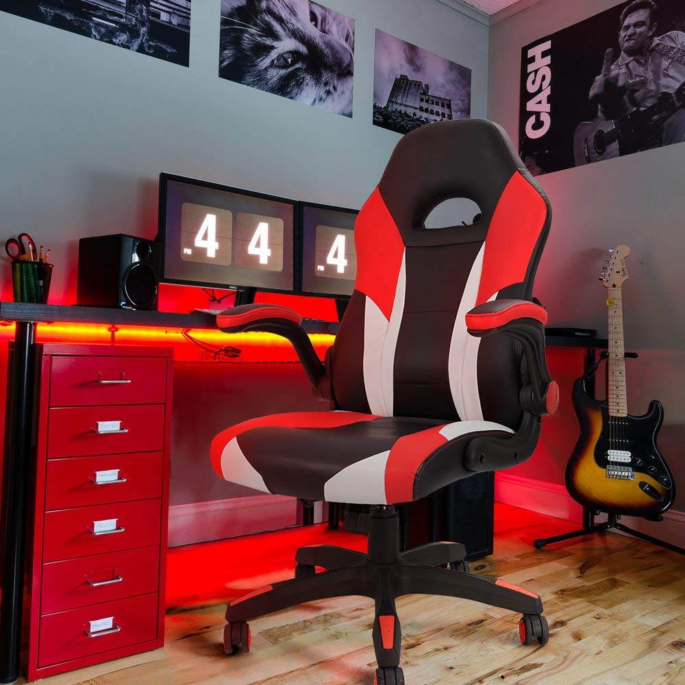 Homall Gaming Chair Office Computer Chair Racing Desk Chair Ergonomic High Back Adjustable Swivel Chair PU Leather Executive Chair for Adults with Flip Up Padded Arms (Red)