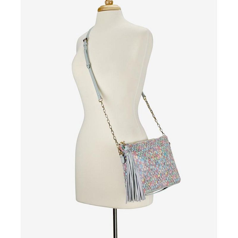 VR NYC Magnetic Strap Closure Mosaic Design Denim Laser Cut Crossbody Bag - Blue