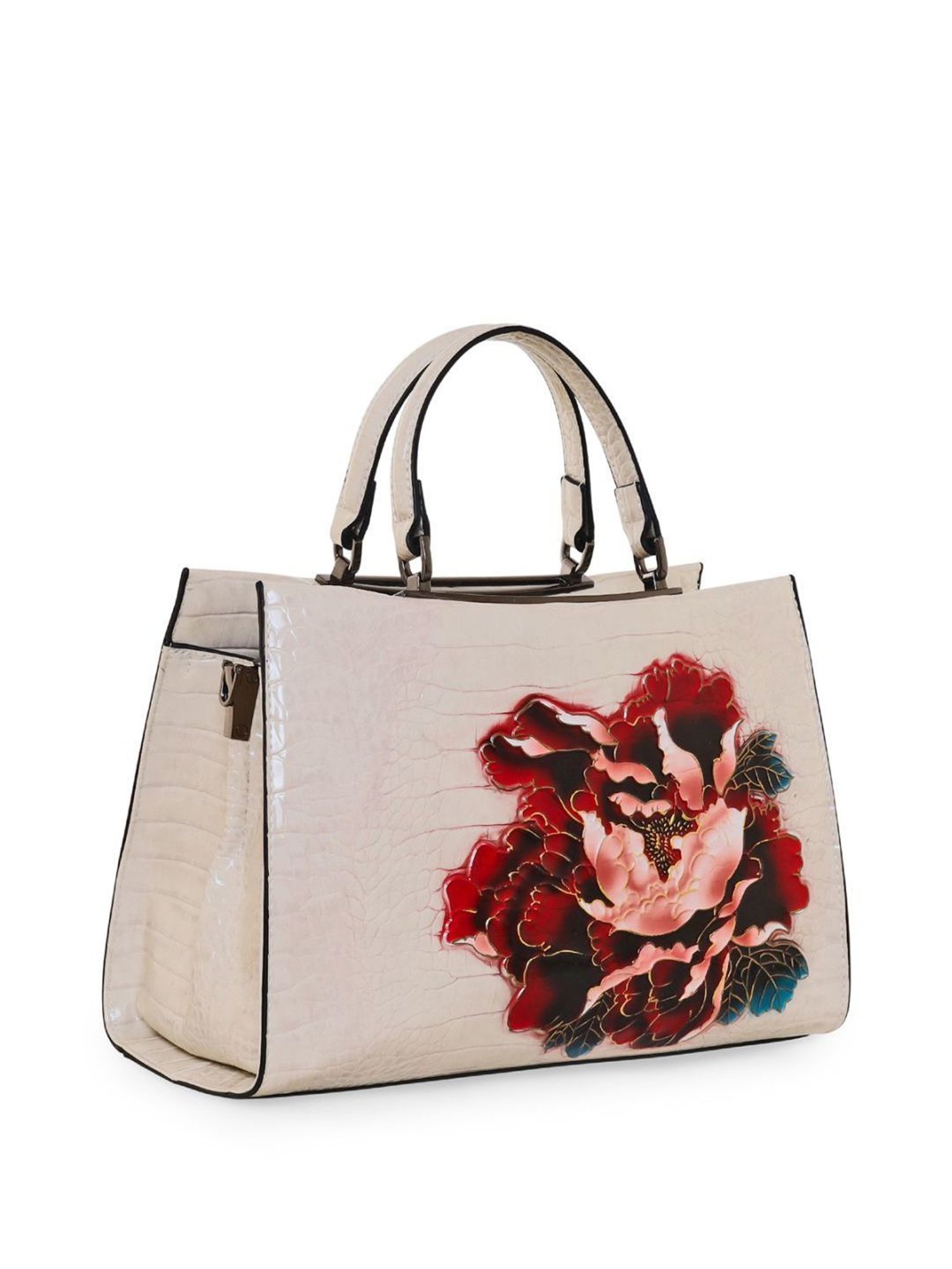 Esbeda Glossy Flower Beige PU Textured Handbag