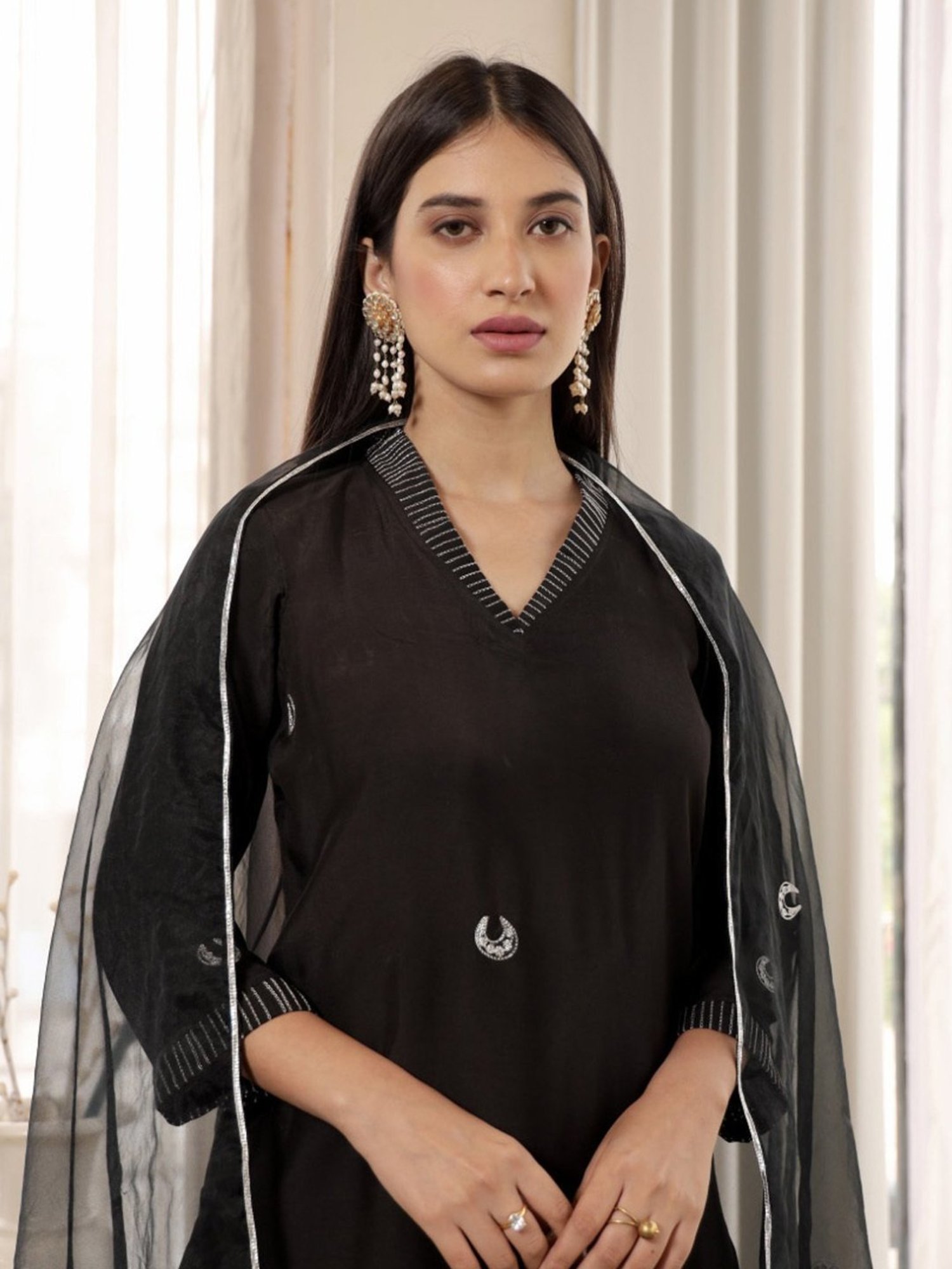 Asrumo Black Adah Monsoon Chand Embellished Muslin Straight Kurta with Pant and Dupatta Set