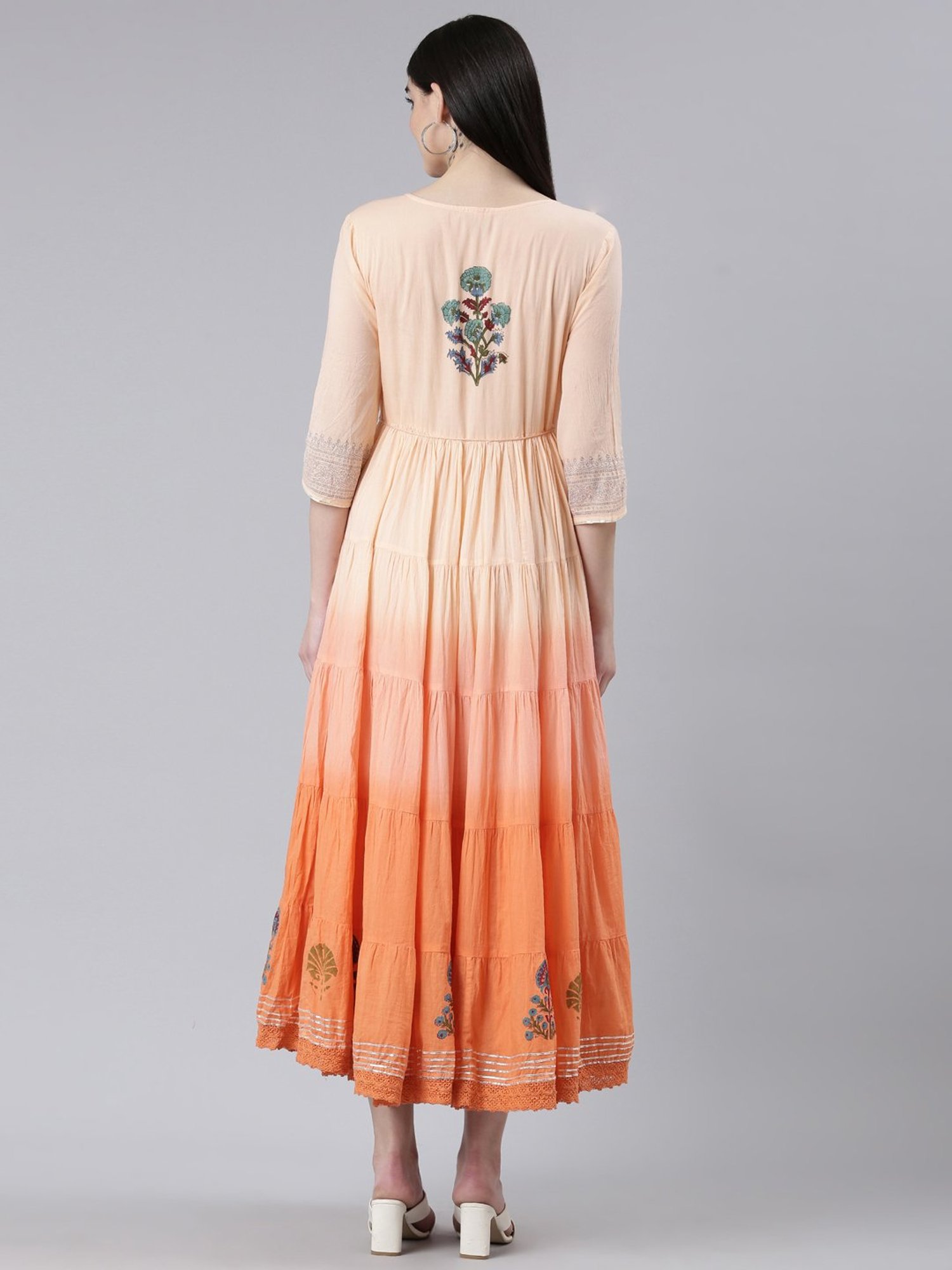 Neerus Peach Cotton Printed Princess Panel Dress