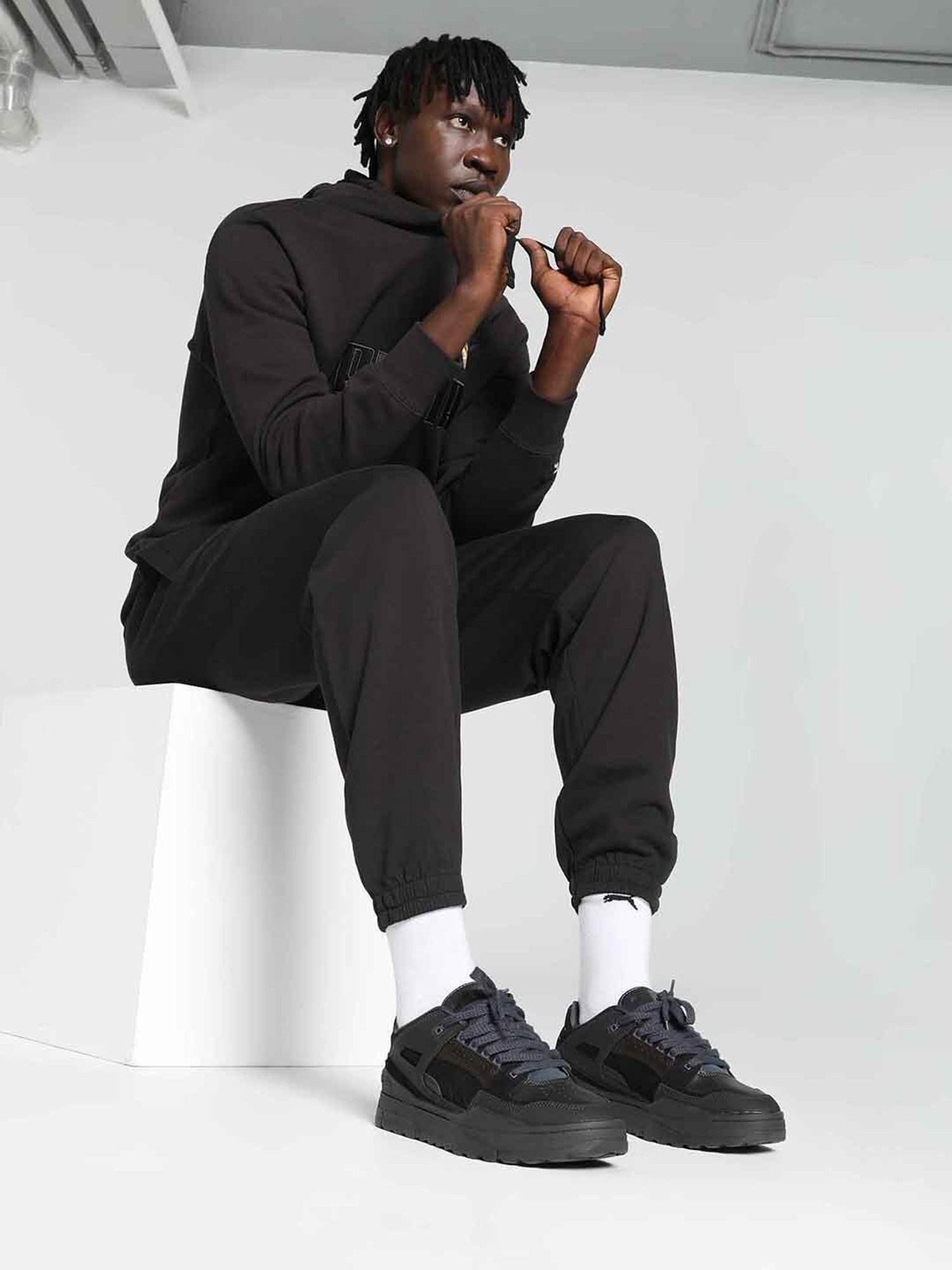 Puma Black Regular Fit Logo Print Hooded Sweatshirt