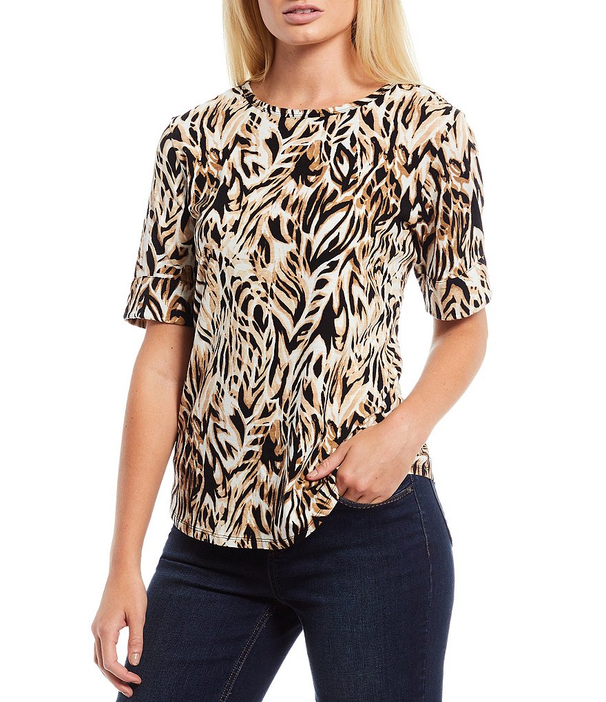 Westbound Petite Size Floral Animal Print Short Sleeve Crew Neck Cotton-Blend Tee