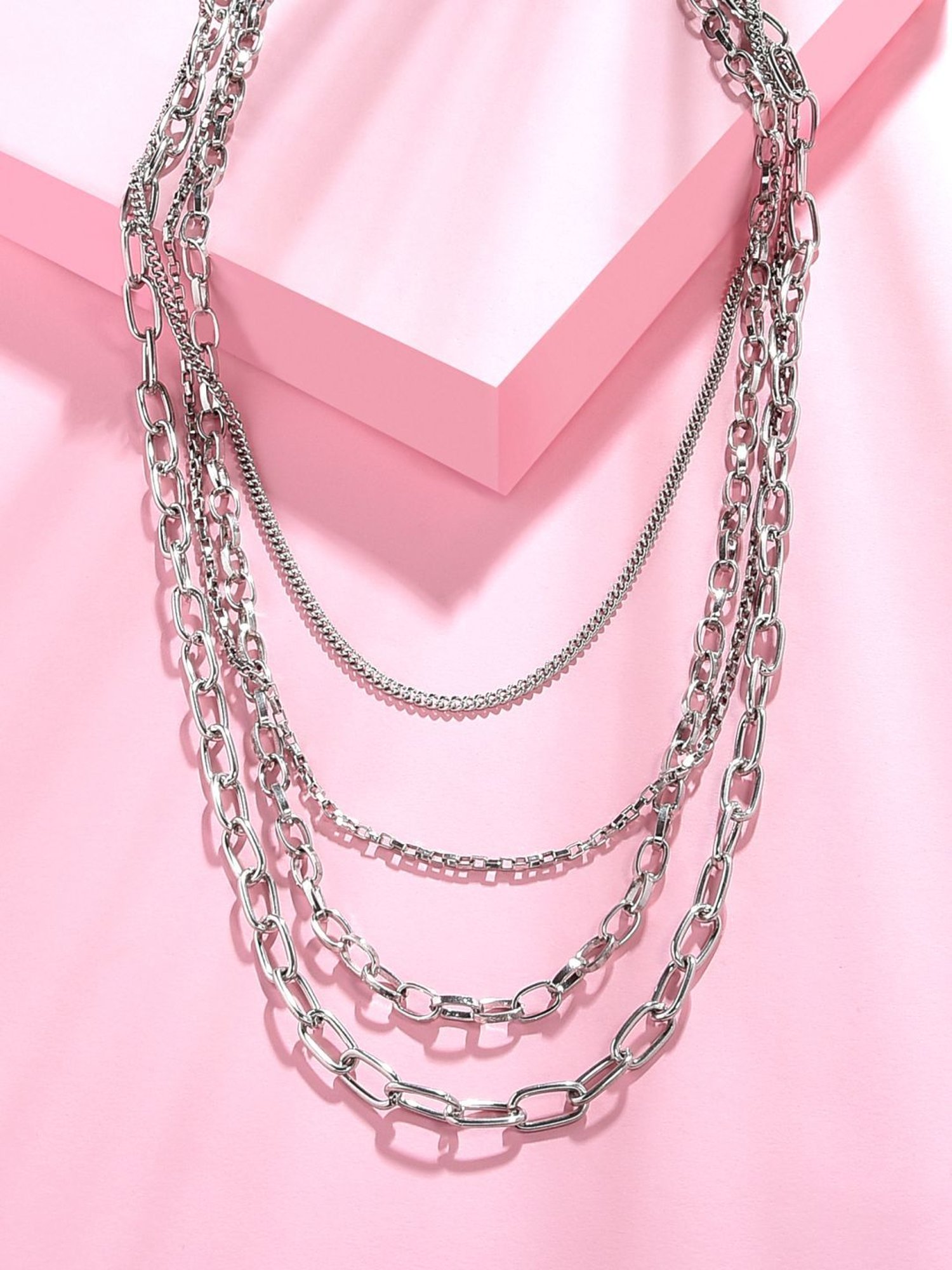 ToniQ Classy Silver Chunky Linked Tri Multi Layered Necklace