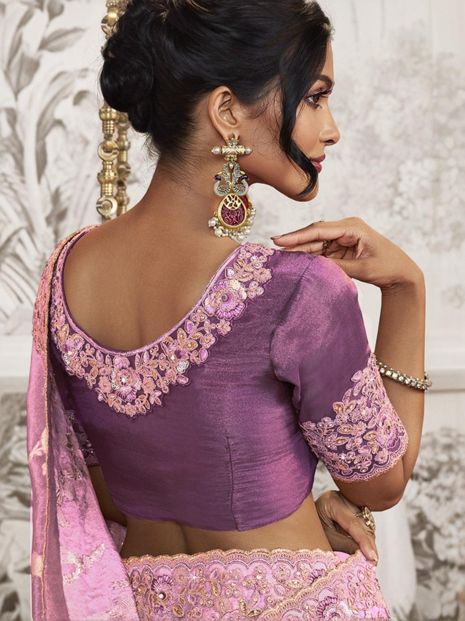 Satrani Pink Embroidered Saree With Unstitched Blouse