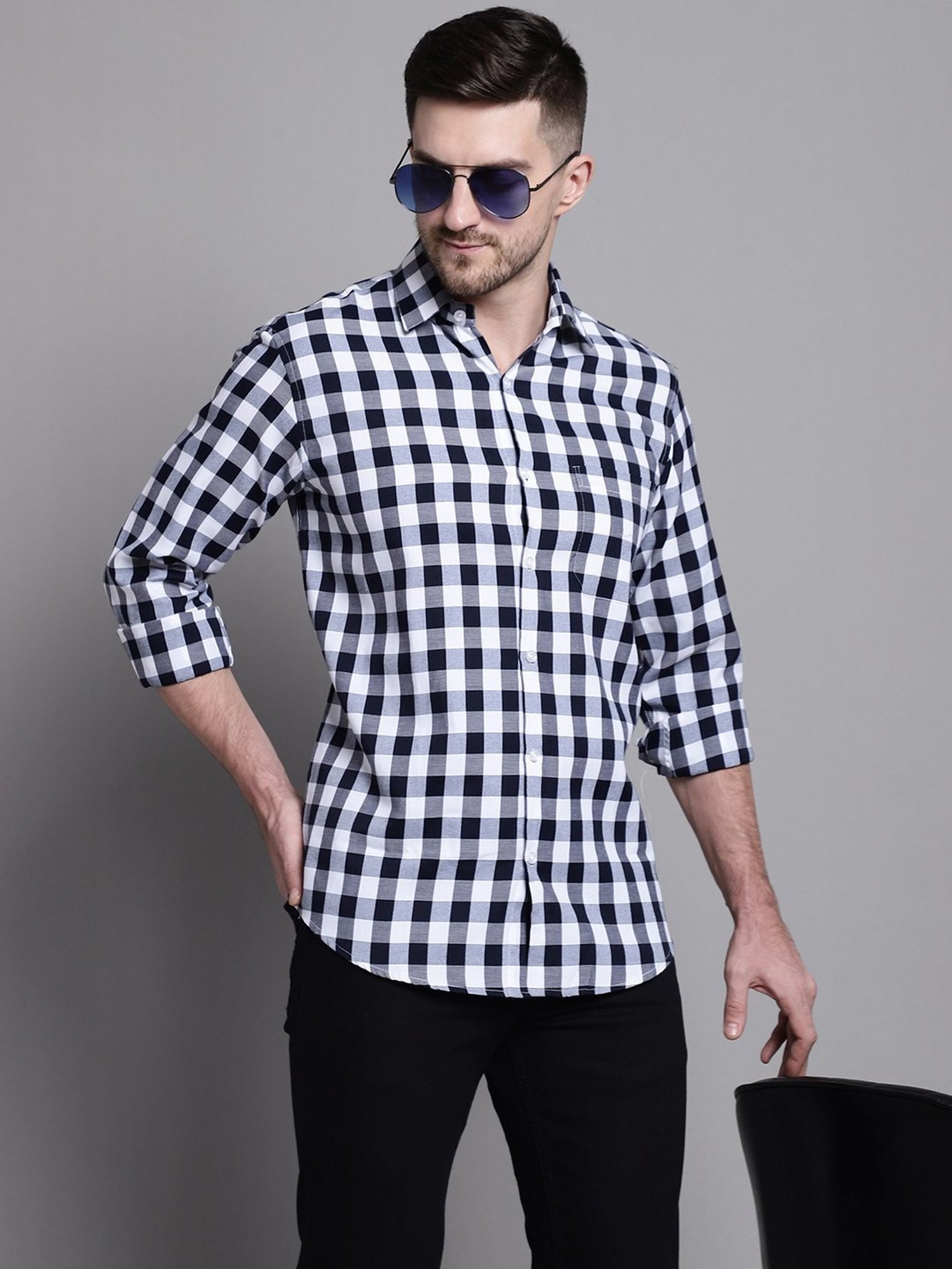 Jainish Navy Cotton Regular Fit Checks Shirt
