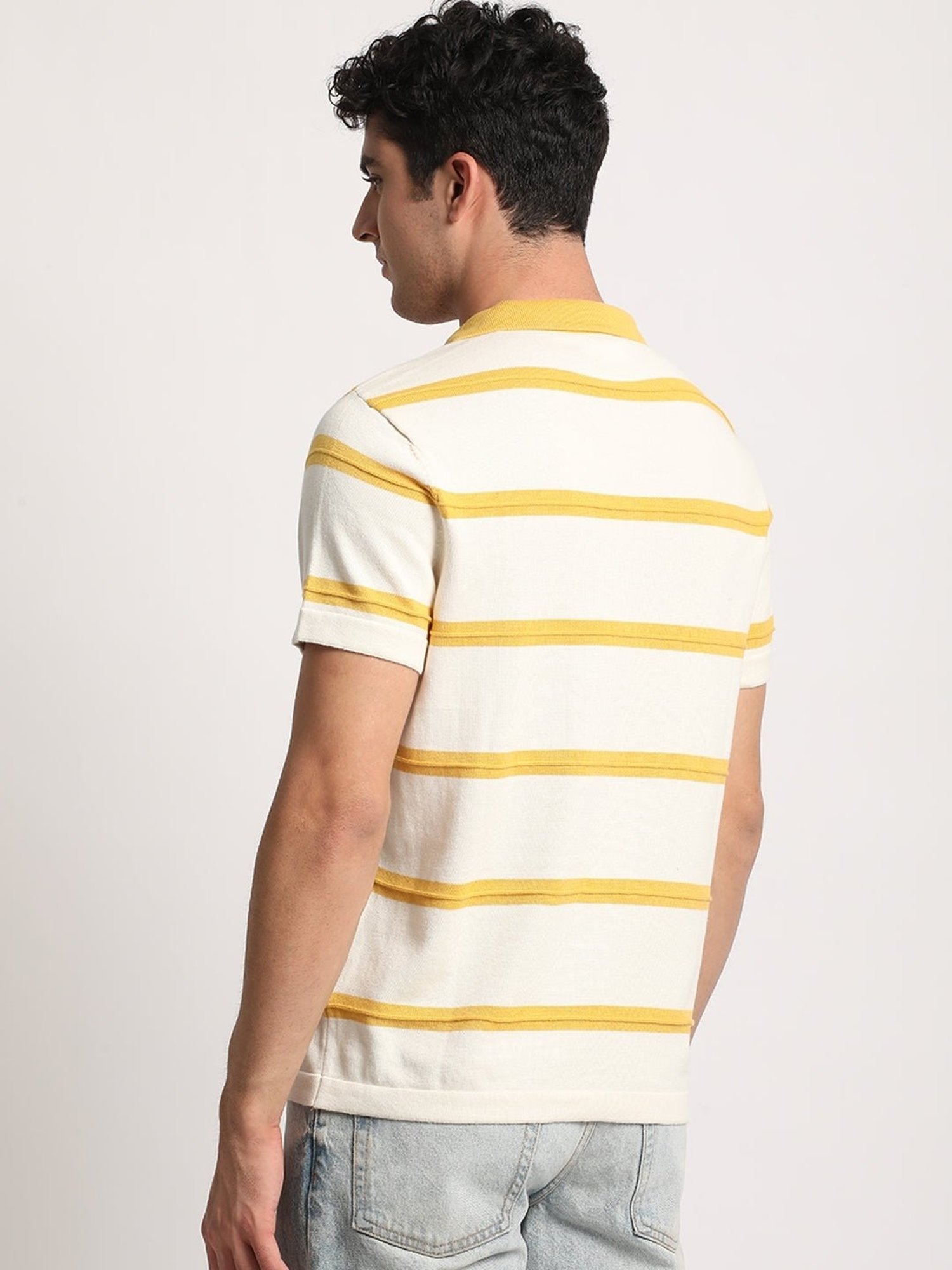 The Bear House Cream Cotton Regular Fit Striped Polo T-Shirt