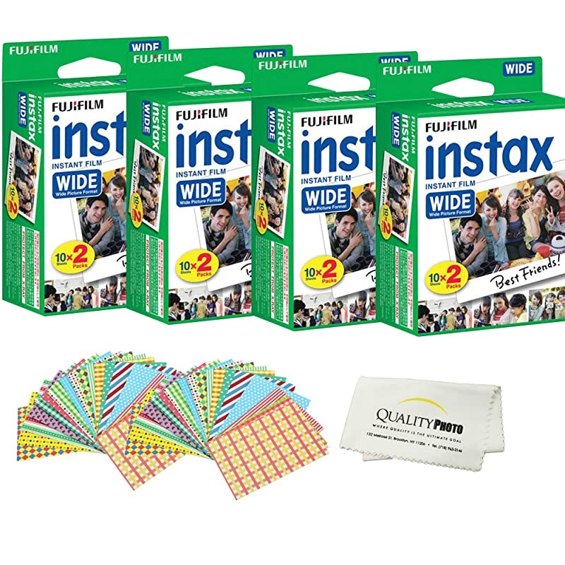 INSTAX Wide Instant Film 80 Pack 80 Sheets White for  Instax Wide Cameras + Frame Stickers and Microfiber Cloth Accessories